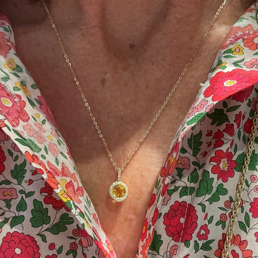 14K Yellow Gold Citrine & Diamond Halo Martini Pendant Necklace for Women - Elegant Jewelry Gift for Birthday, Anniversary & Special Occasions