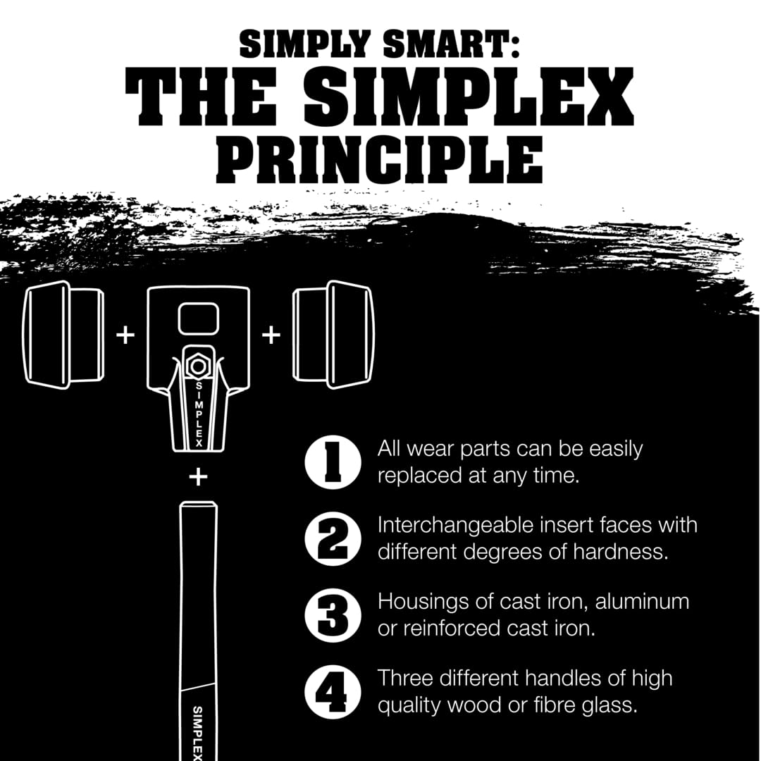 Simplex 80 Mallet - Dual Soft Blue & Black Rubber Inserts - Heavy Duty Cast Iron Head with Wooden Handle - Perfect for Woodworking, Leather Crafting & Metal Forming