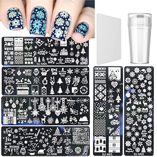 6 PCS Christmas Nail Stamping Plates Set with Santa, Snowflakes & Deer Designs - Includes 1 Stamper & 1 Scraper for Professional Nail Art | Perfect for Holiday Nail Decoration, DIY Manicures & Salon Use