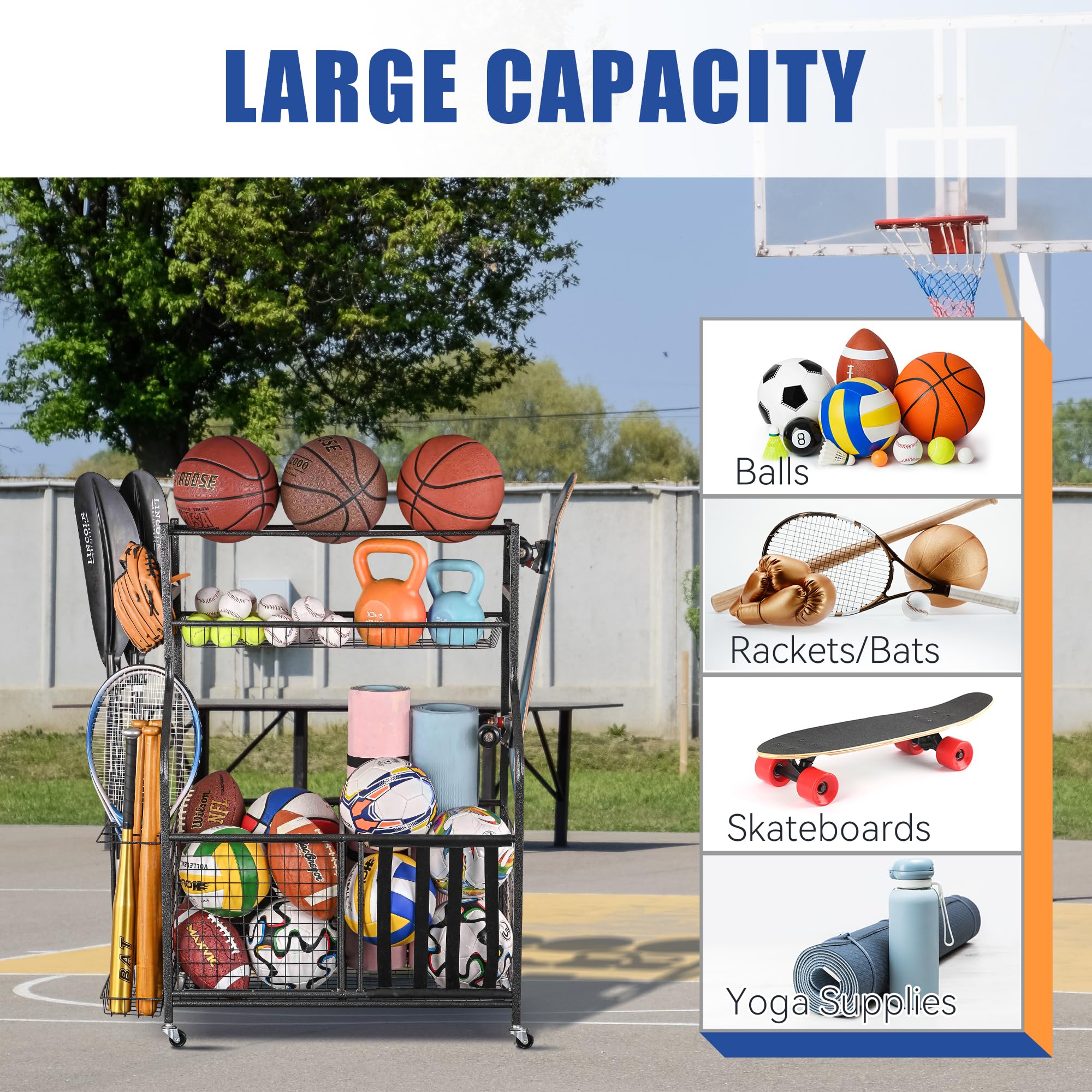 Mythinglogic Rolling Sports Ball Storage Cart - Lockable Ball Organizer with Elastic Straps, Baskets & Hooks | Garage Storage System for Basketballs, Soccer Balls & Sports Equipment | Perfect for Home Gym, Playroom & Sports Facility Organization