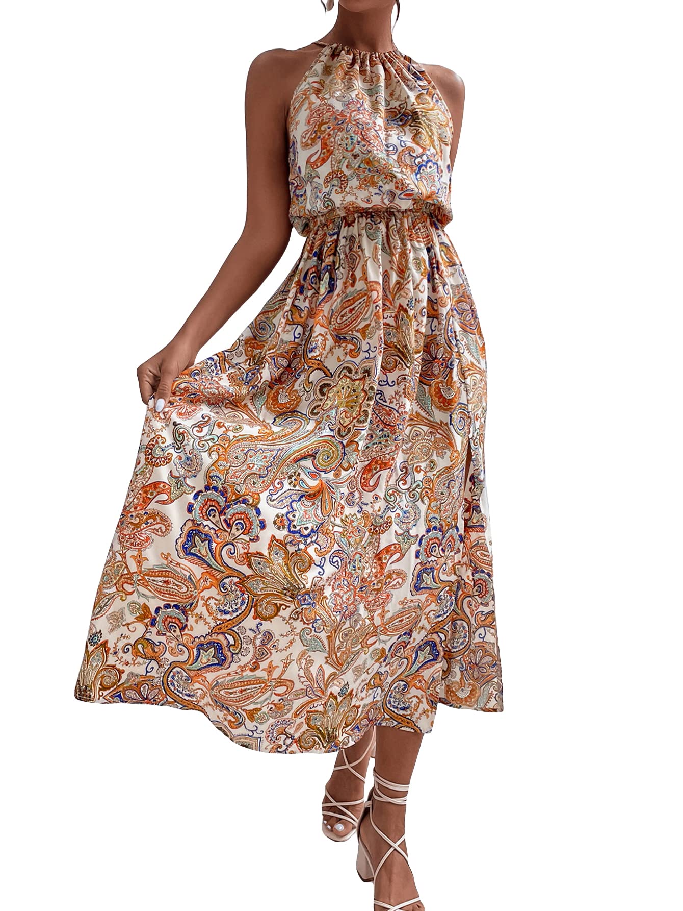 MakeMeChic Women's Floral Print Halter Neck Sleeveless Flowy Maxi Summer Dress with Adjustable Belt - Beach Vacation, Wedding Guest, Casual Outfit