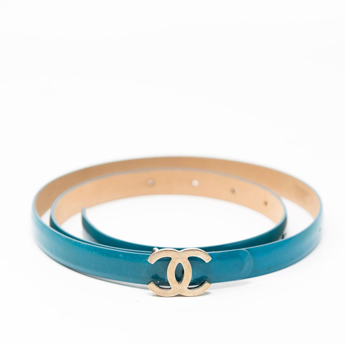 Chanel Turquoise Patent Leather CC Logo Belt for Women - Luxury Designer Fashion Accessory for Dresses, Jeans & Outfits