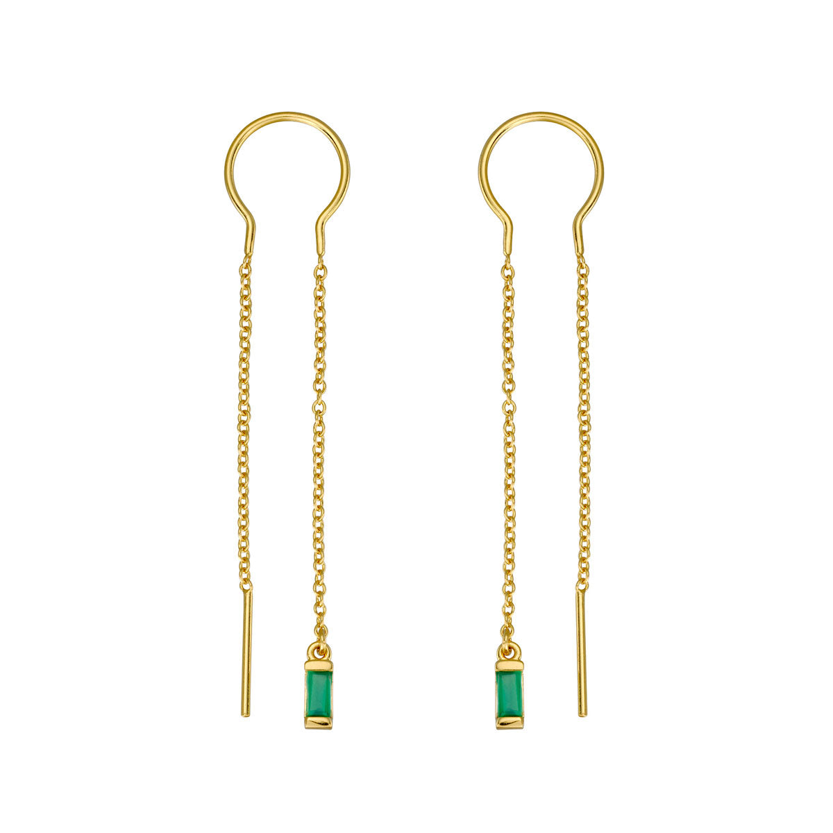 Luxury Lumen Baguette Green Onyx Threader Earrings in 14K Gold – Elegant Dangle Earrings for Women, Perfect for Parties, Weddings & Special Occasions