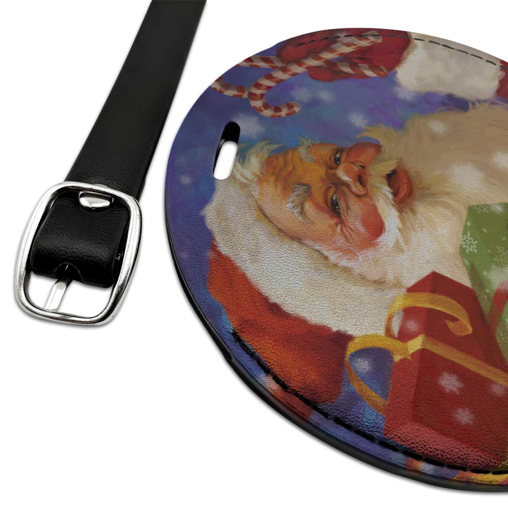 Christmas Santa Candy Cane Round Leather Luggage Tag - Personalized ID Card Holder for Travel Bags, Suitcases & Backpacks | Perfect Holiday Gift for Christmas Travel & Vacation