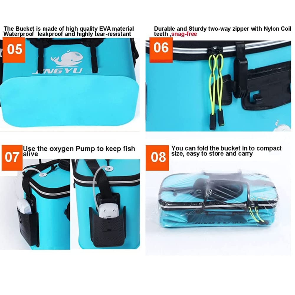 Foldable Fishing Bucket with Oxygen Pump - Portable Collapsible Water Bucket for Fishing, Camping & Outdoor Activities - EVA Fishing Bag with Handle (Light Blue, XL 50x28x28cm) - Ideal for Live Bait Storage, Fish Transport & Beach Trips