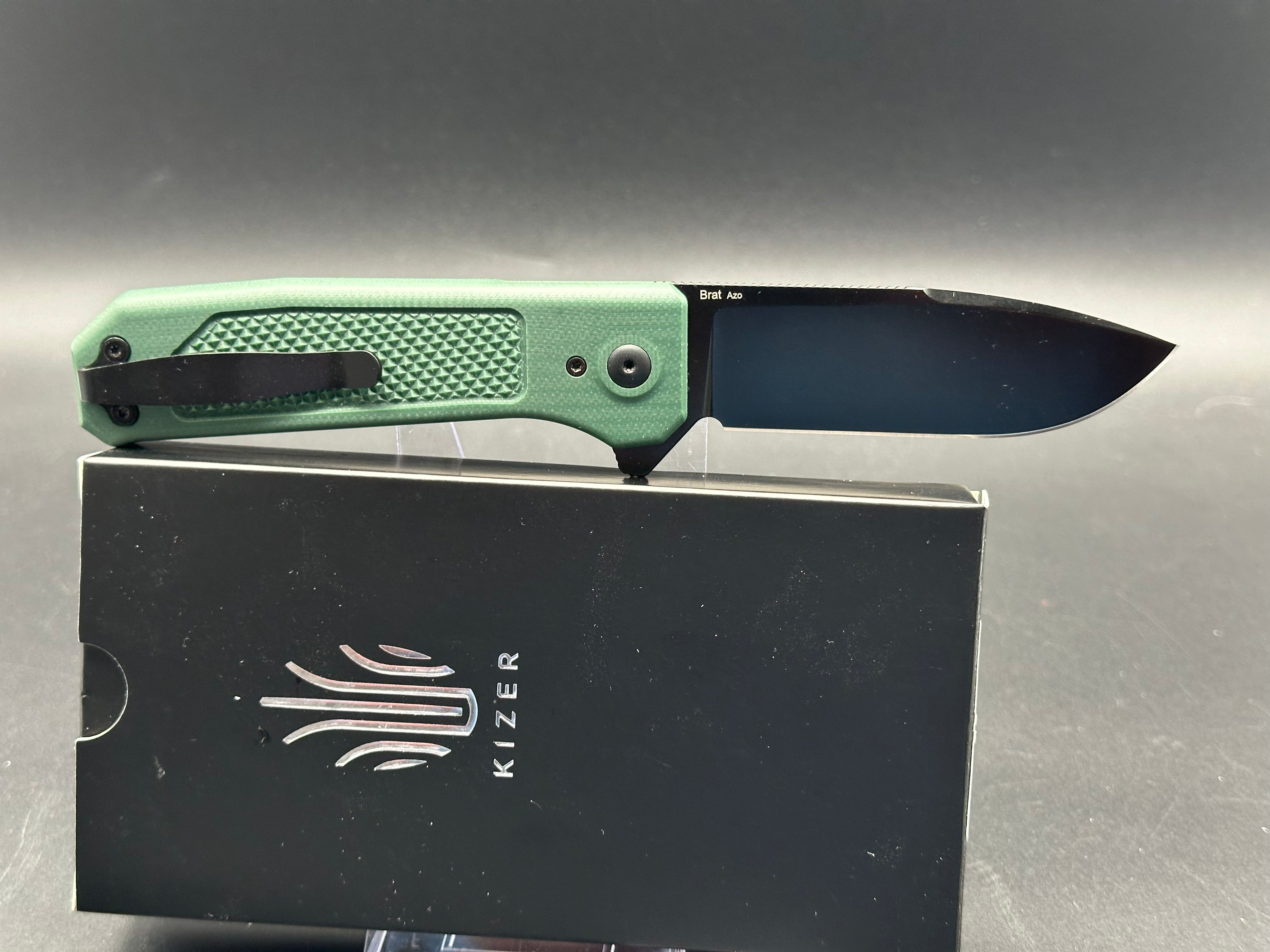 KIZER BRAT Button Lock Folding Knife - Green G10 Handle, 154CM Drop Point Plain Edge - EDC, Camping, Outdoor Survival & Everyday Carry Knife