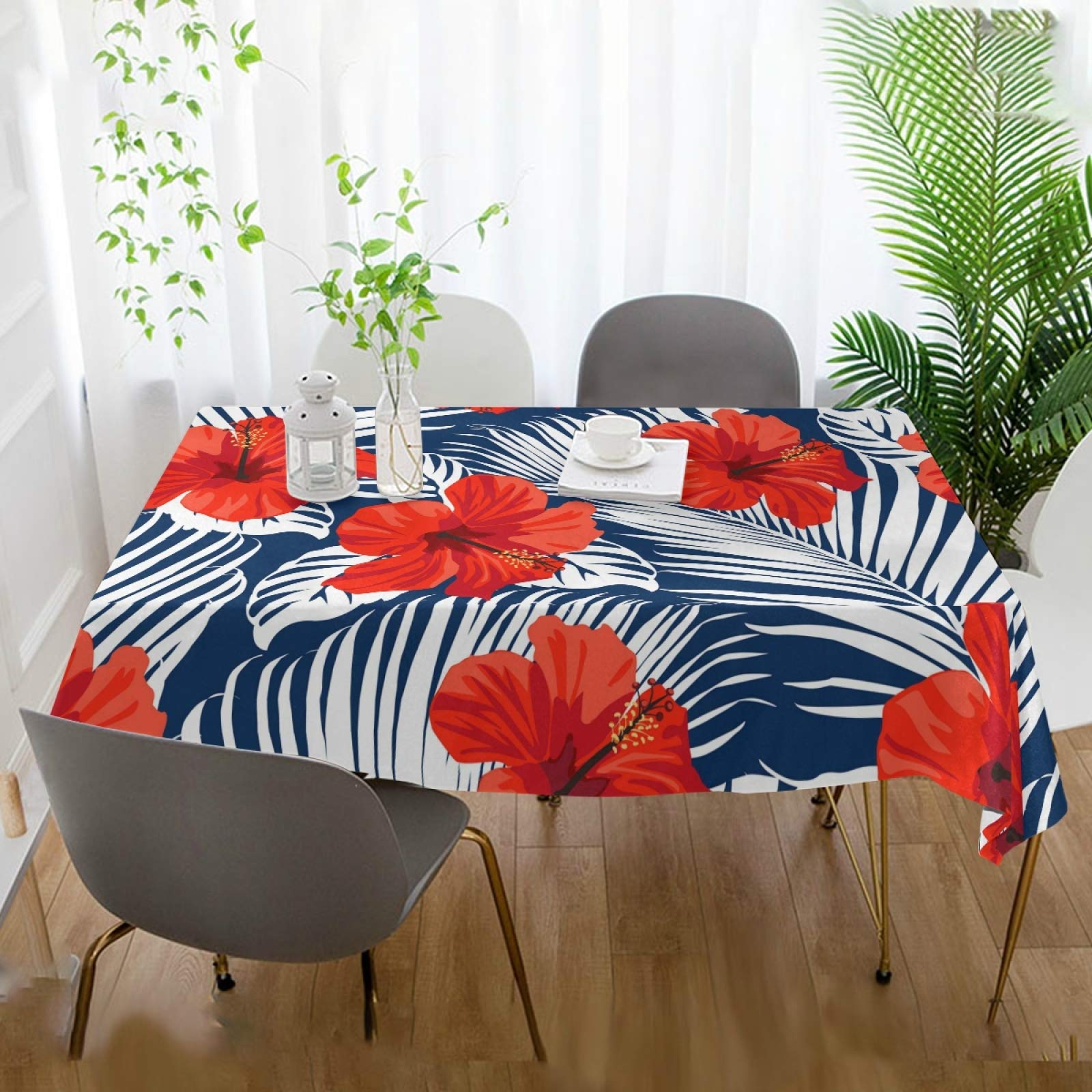 Red Hibiscus & Palm Leaf Polyester Tablecloth 60x90 Inch - Rectangle Party Table Decor for Dining, Wedding, Outdoor Events & Tropical Themed Gatherings