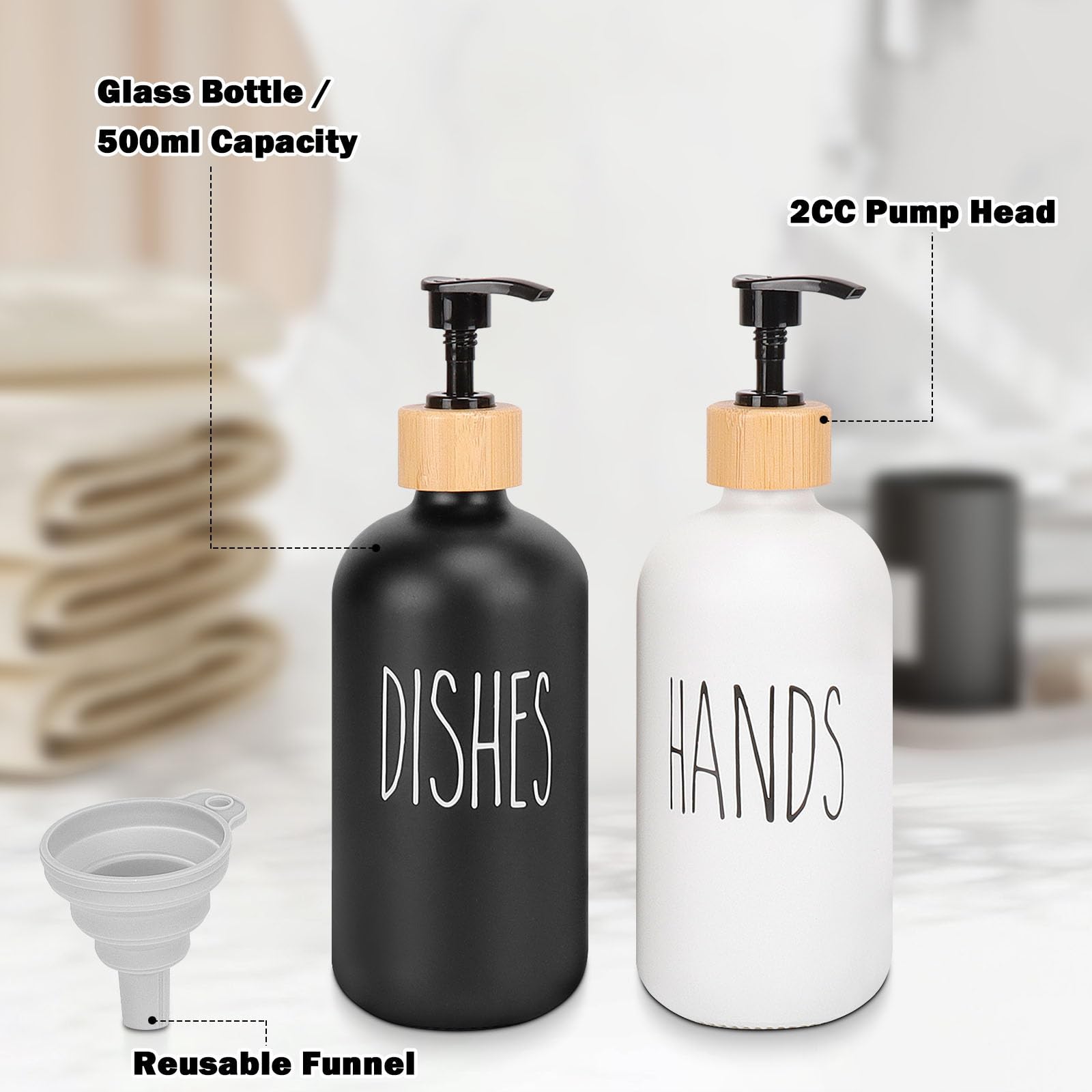 HarJue Glass Soap Dispenser Set - Refillable Dish Soap Pump for Kitchen & Bathroom | Countertop Shampoo & Conditioner Dispenser | Elegant Home & Restaurant Use