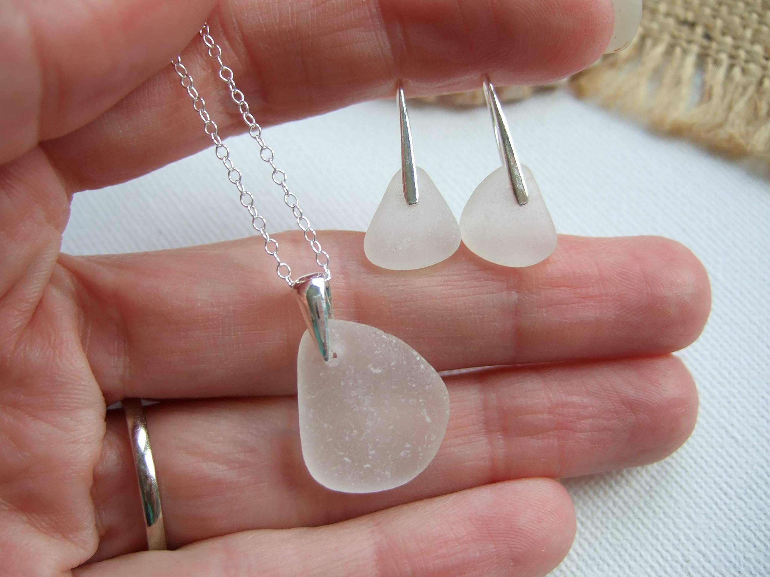 Petite Scottish Sea Glass Jewelry Set - Sterling Silver Beach Glass White Necklace & Earrings | Perfect for Beach Weddings, Boho Fashion & Gift Giving