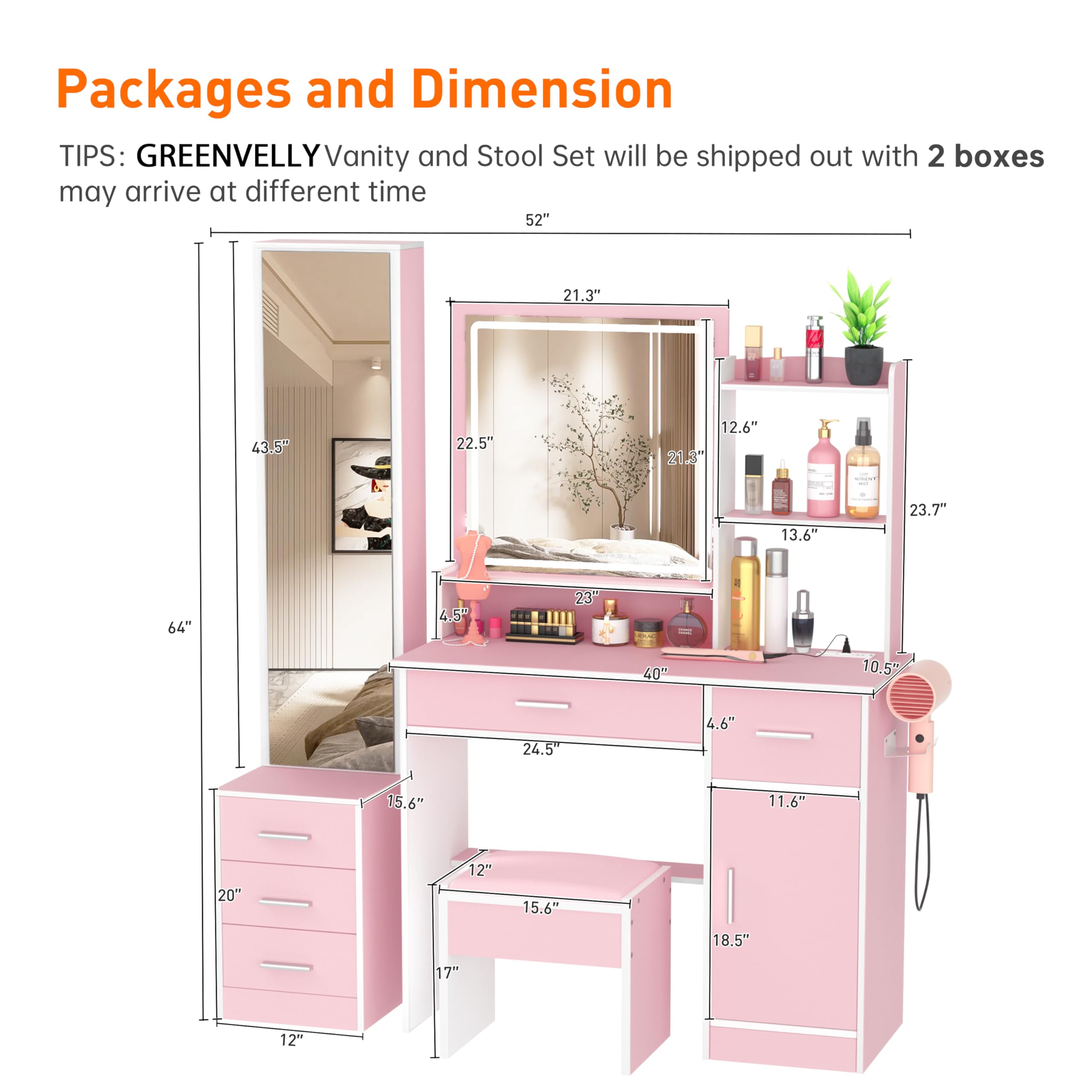 Greenvelly White Makeup Vanity Desk with LED Lights & 2 Mirrors - 3 Lighting Modes, Stool & Drawers - Dressing Table for Women & Girls Bedroom, Perfect for Makeup Application & Beauty Routine
