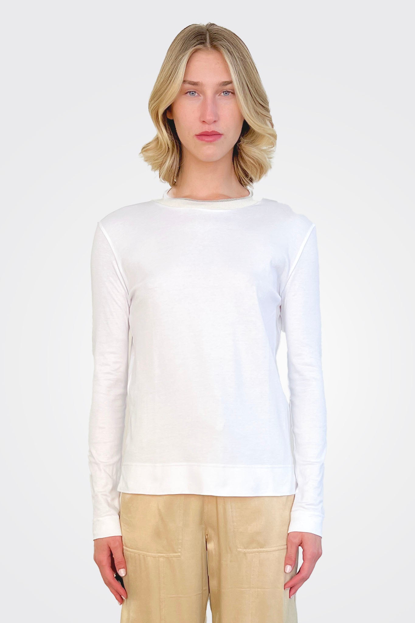 Stylish Accent Collar Crewneck Top for Women - White | Casual & Office Wear | Perfect for Everyday Outfits & Work Attire