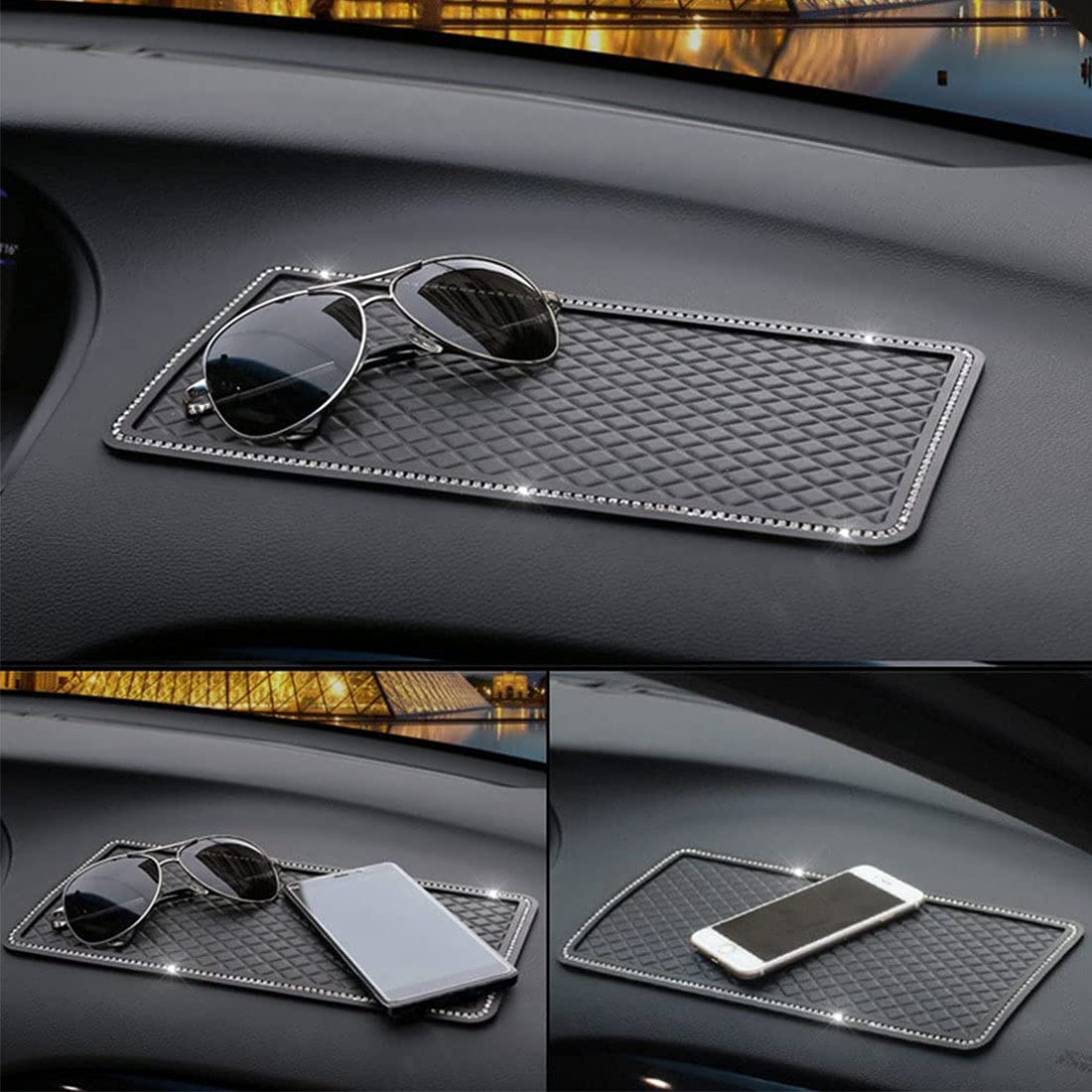 Anti-Slip Car Dashboard Grip Pad - 11.5 x 6 Inch Black Rhinestone Mat for Phone, Keys & Sunglasses | Handmade Crystal Decor for iPhone, Navigation & Car Accessories | Perfect for Road Trips & Daily Commute