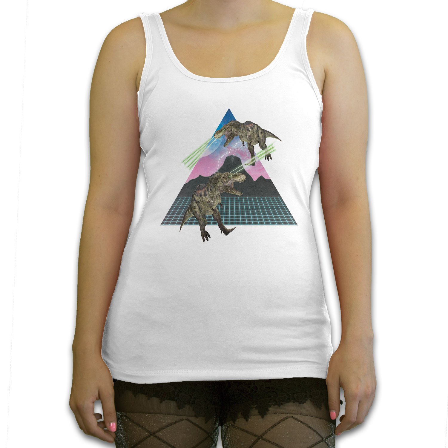 Laser T-Rex Graphic Women's Fashion Tank Top - White | Trendy Dinosaur Print Casual Tee for Summer Outfits & Streetwear