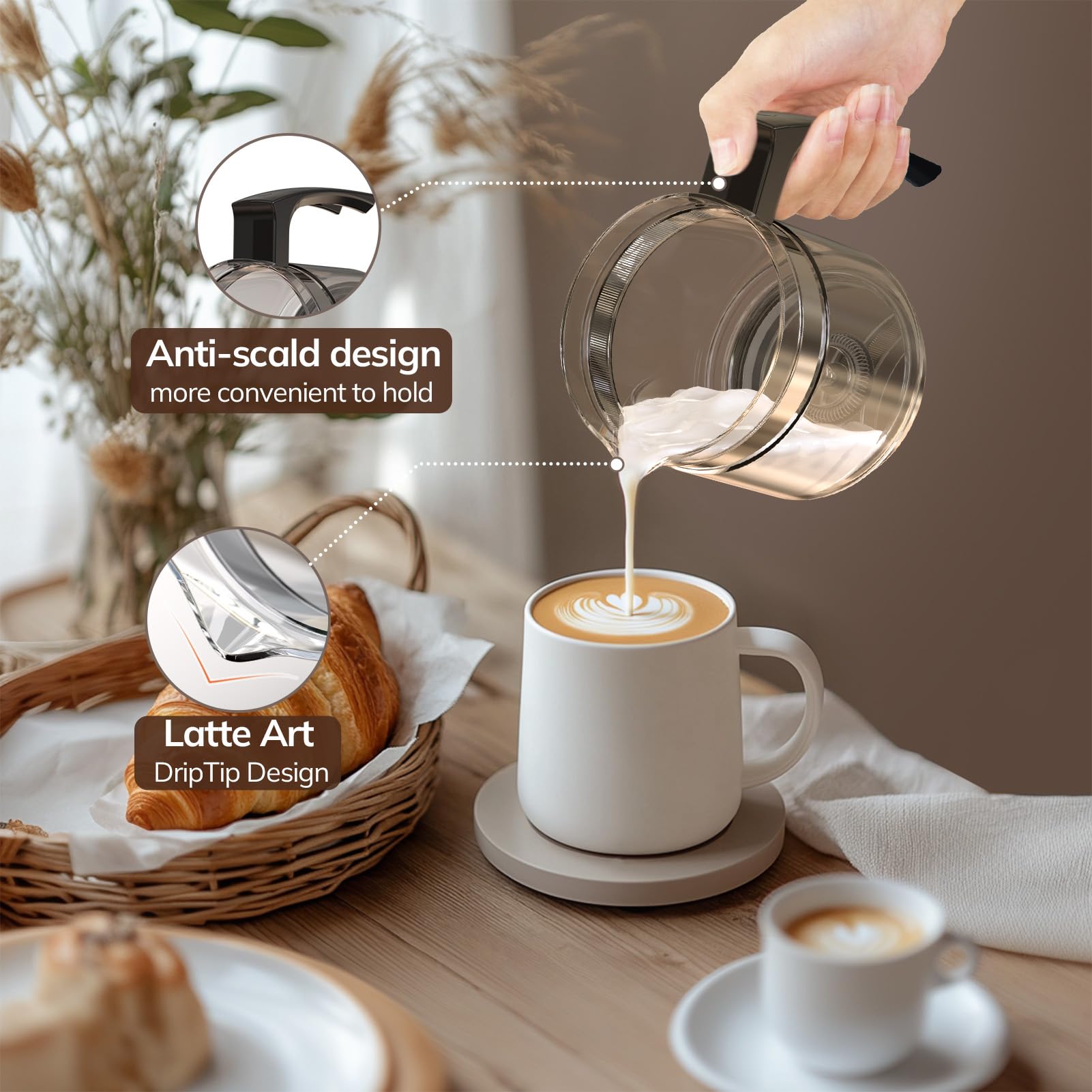Electric Milk Frother and Steamer - 16.9oz/500ml BPA-Free Milk Frother for Latte, Cappuccino & Hot Chocolate, Dishwasher Safe with 4 Functions, Creates Perfect Froth in 2 Minutes - Black - Ideal for Home Coffee Bars, Office Use & Gift Giving