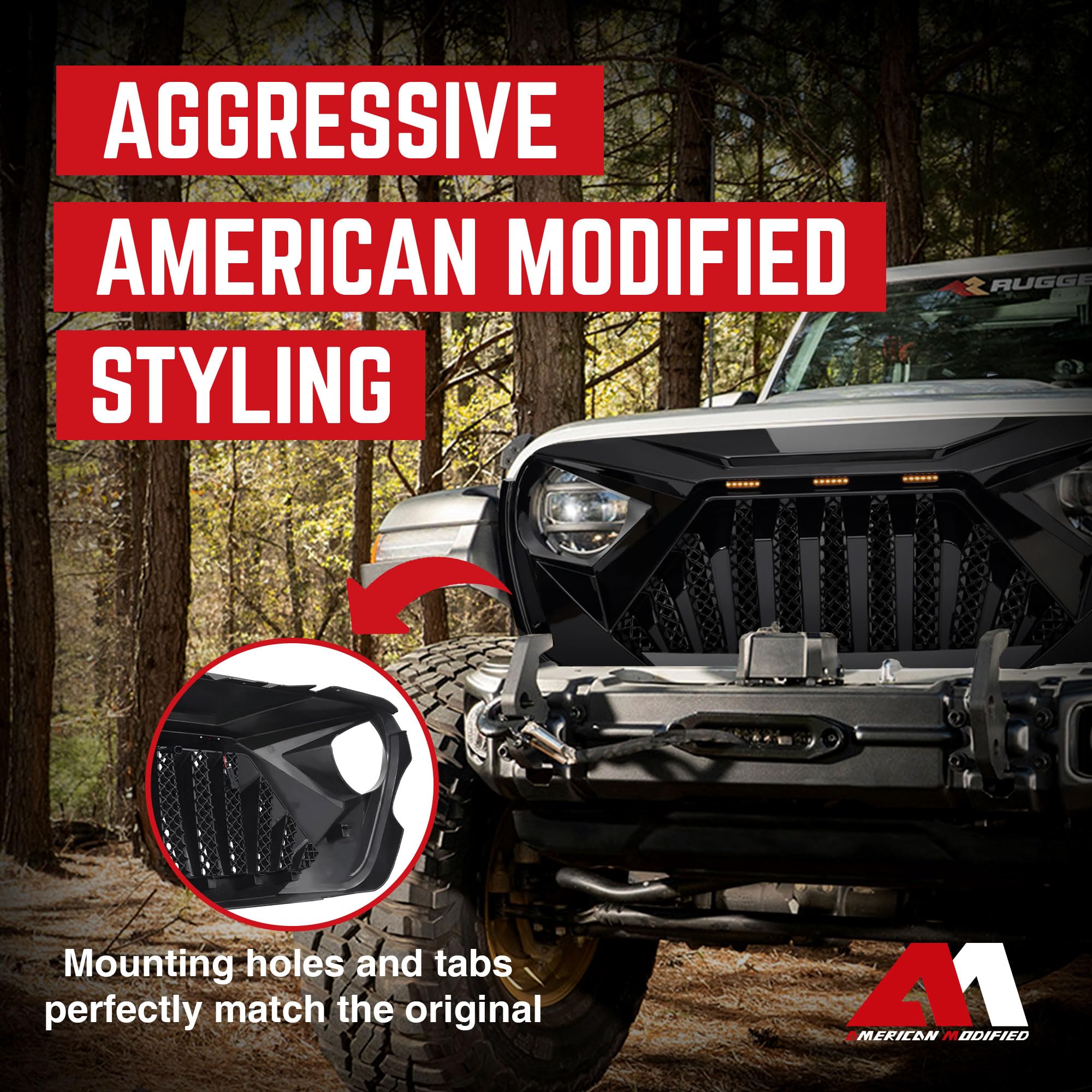 Goliath Grille with LED Amber Lights for 2018+ Jeep Wrangler JL & 2020+ Gladiator JT (Non-TrailCam) - Glossy Black | Off-Road Upgrade | Enhanced Style & Visibility for Night Adventures