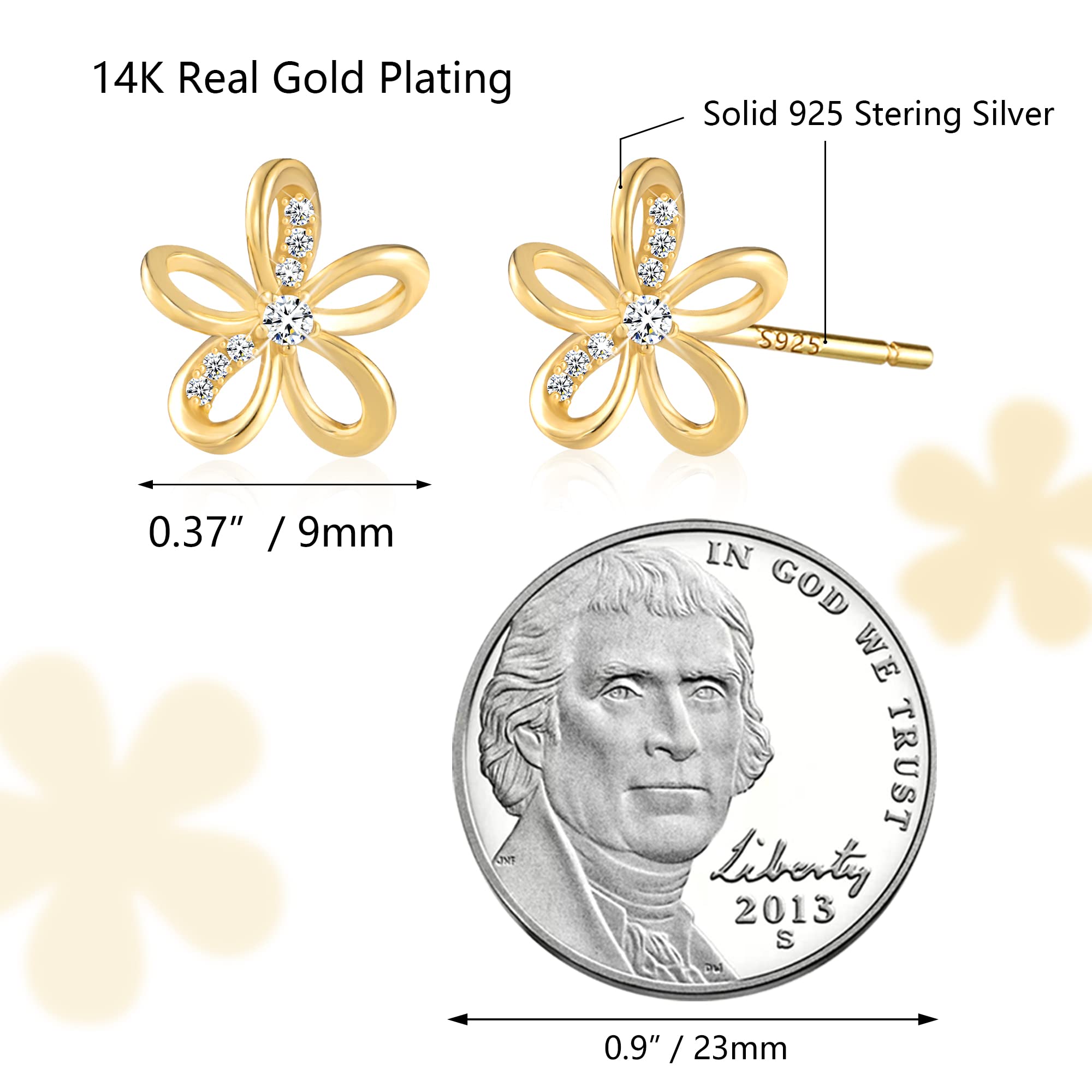14K Yellow Gold Flower Stud Earrings for Women - AAAAA CZ Small Stud Earrings Jewelry - Perfect for Everyday Wear, Gift Giving & Special Occasions