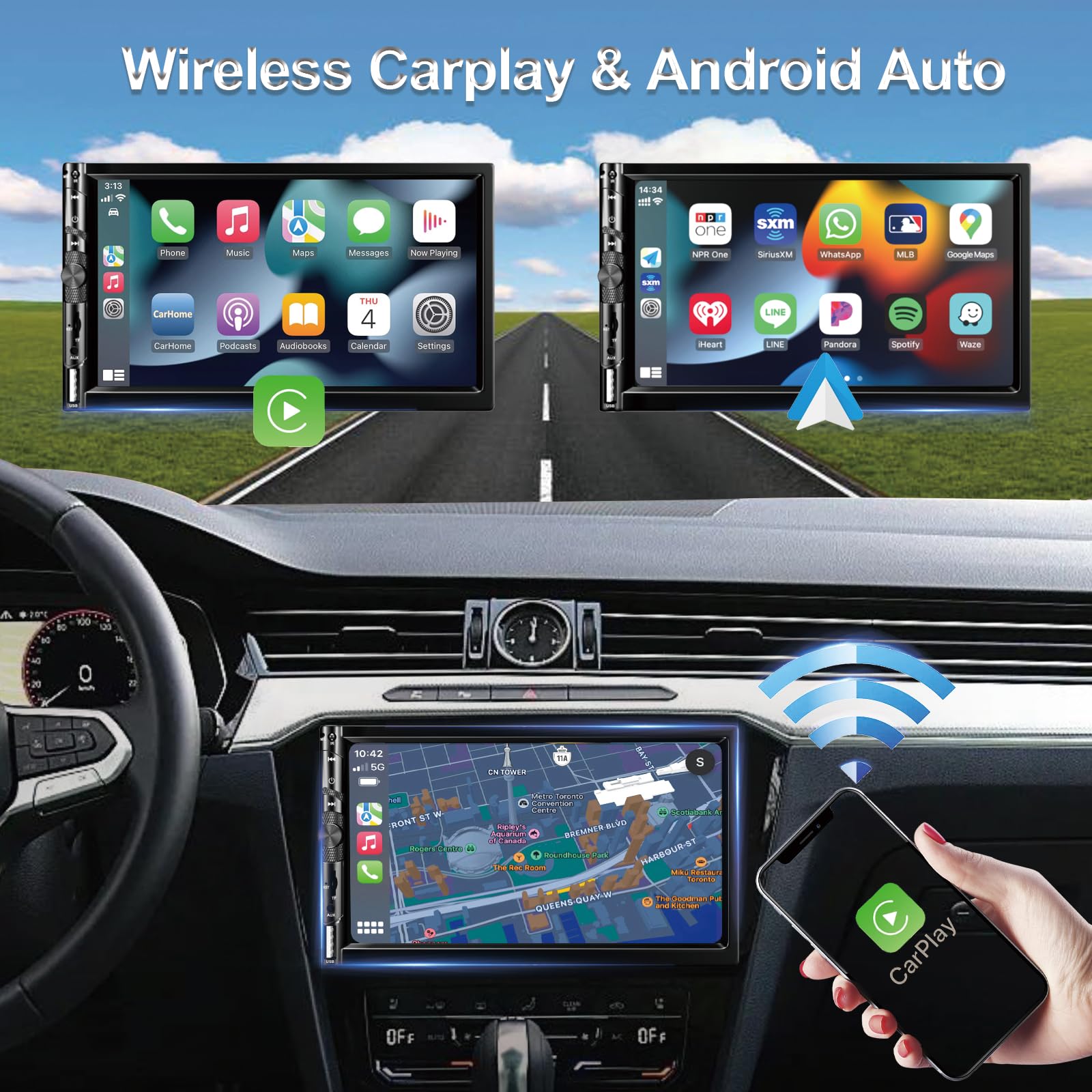 7 Inch Wireless Double Din Car Stereo with Apple CarPlay & Android Auto - HD 1024x600 Touchscreen, Bluetooth 5.1 Hands-Free, GPS Navigation, Backup Camera - FM Radio Receiver with USB/AUX/TF/SWC/EQ for Seamless Driving & Entertainment