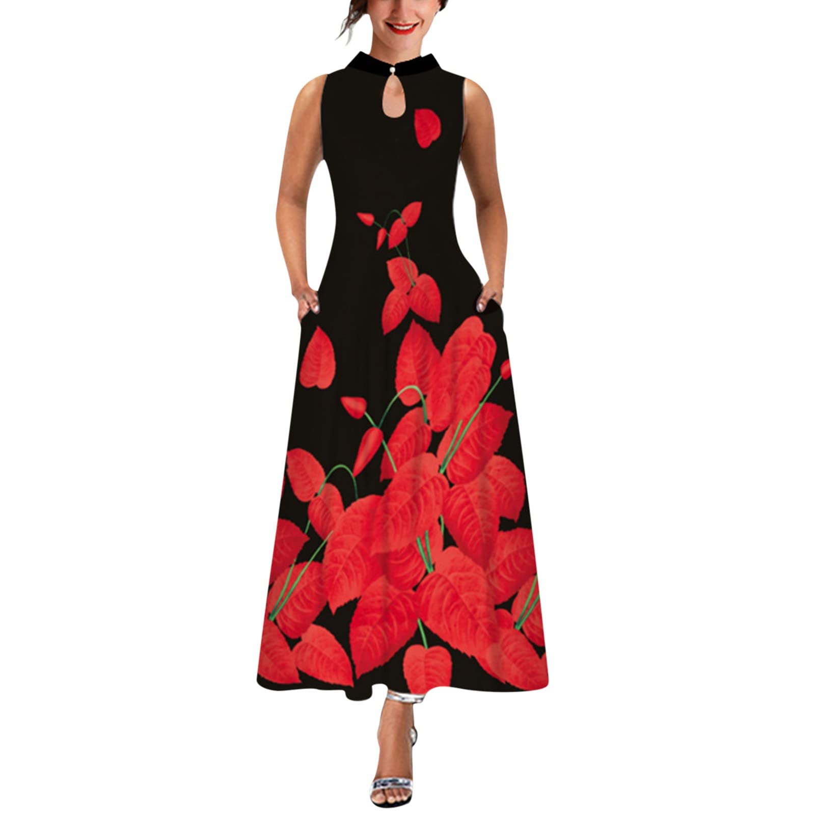 Vintage 1940s Floral Print Sleeveless Maxi Dress for Women - Summer Party & Casual Wear - Retro Stand Neck Long Dress for Beach, Wedding & Special Occasions