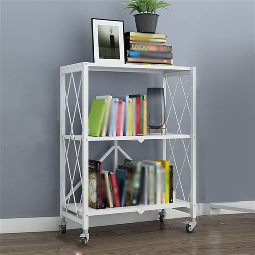 3-Tier Foldable Metal Storage Shelf with Wheels - Heavy Duty Freestanding Shelving Unit for Kitchen, Pantry, Closet & Garage Organization - White (28
