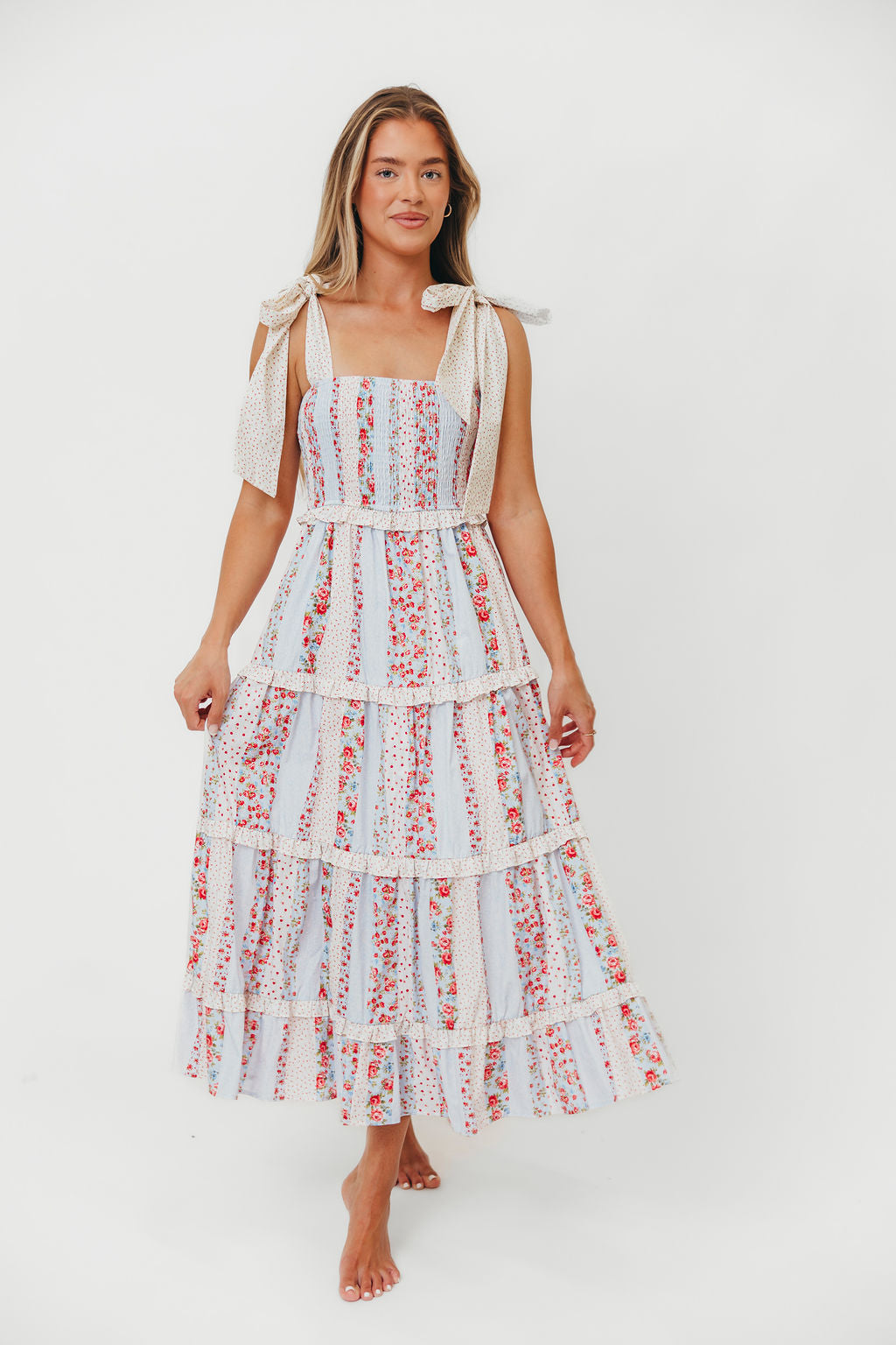 Maley Women's Blue Cotton Poplin Floral Maxi Dress with Tie Straps - Perfect for Summer Beach Vacations & Boho Chic Outfits