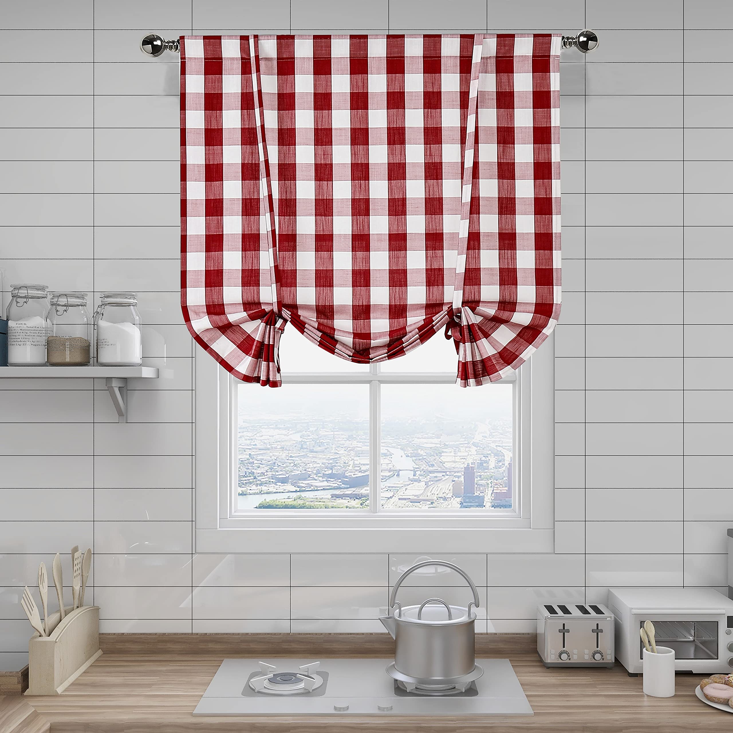 54 Inch Red Buffalo Check Plaid Gingham Farmhouse Tie Up Curtains - Adjustable Window Shades with Rod Pocket for Kitchen & Cafe (42