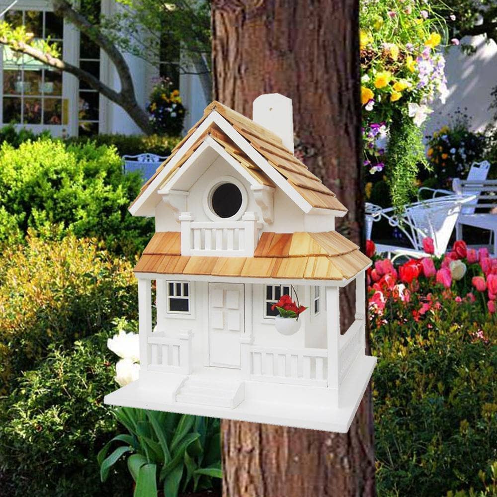White Veranda Bird House - Handcrafted Wooden Birdhouse for Outdoor Garden Decoration, Attracts Wild Birds - Perfect for Backyard, Patio, and Garden Decor