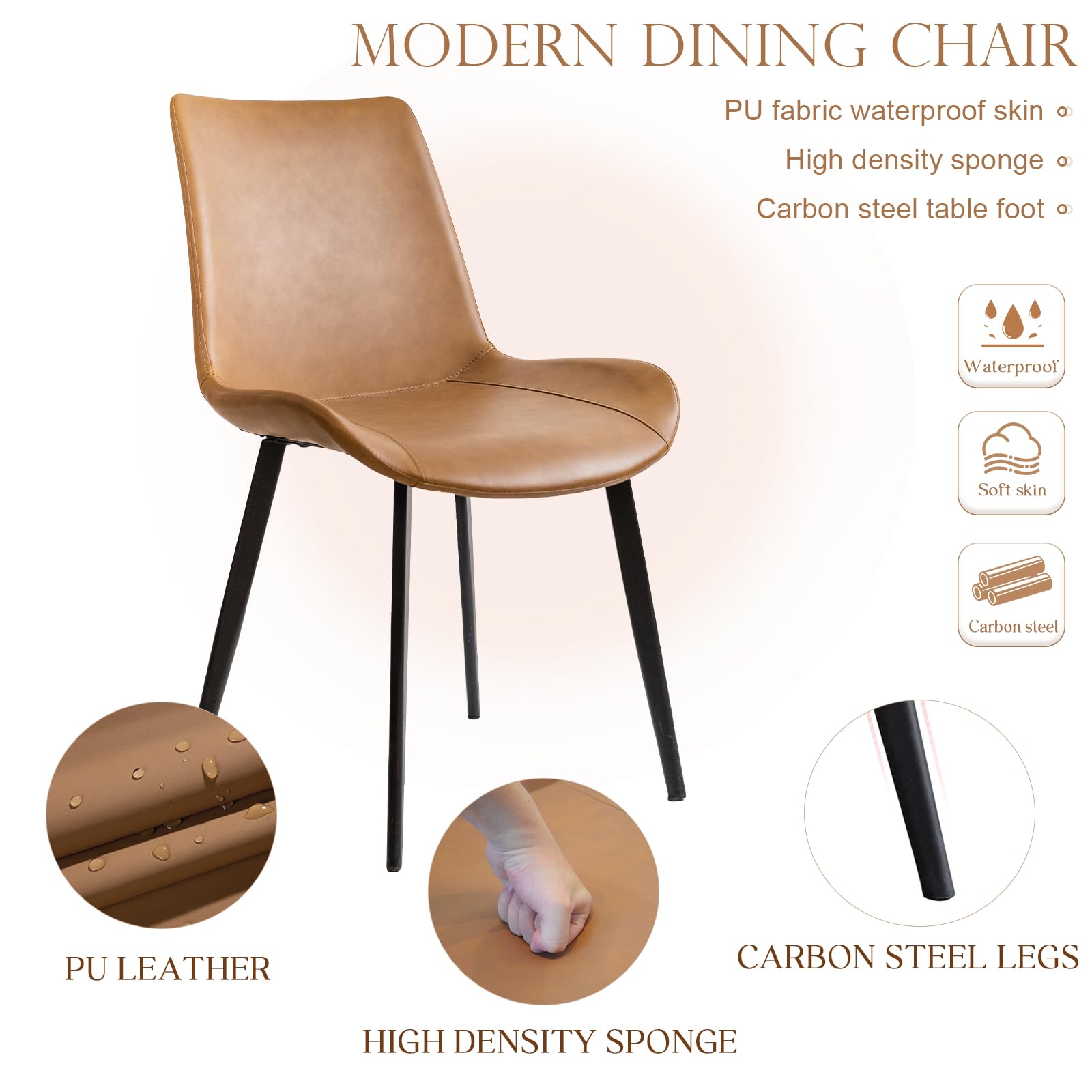 Modern PU Leather Dining Chairs Set of 4 - Sturdy Metal Legs & Upholstered Seats - Brown Accent Side Chairs for Kitchen, Living Room & Dining Room - Perfect for Family Dinners & Entertaining Guests