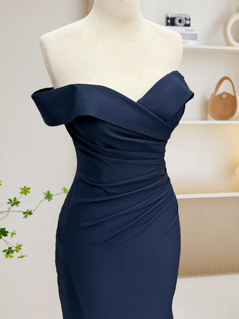 Elegant Dark Blue Mermaid Satin Long Prom Dress - Formal Evening Gown for Homecoming, Wedding & Special Occasions