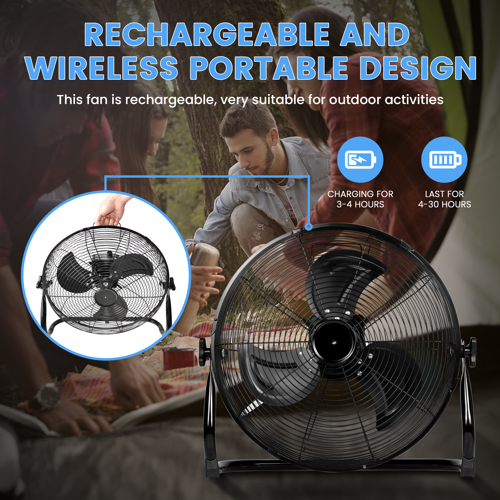12 Inch Rechargeable Cordless Floor Fan - High Velocity 360° Tilt Adjustable Heavy Duty Metal Fan for Industrial, Commercial & Home Use | Battery Operated Cooling Fan for Office, Warehouse, Garage & Outdoor Spaces