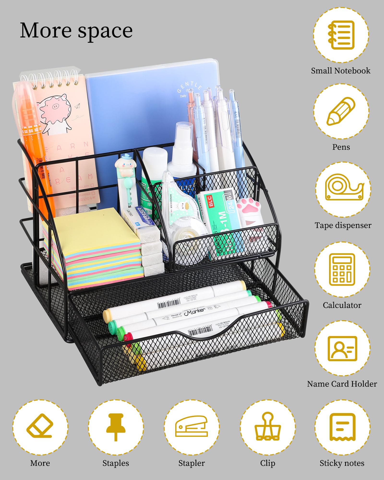 Black Desk Organizer Set with Pen Holder, Stapler & 72 Clips - Premium Office Supplies for Desk Organization - Perfect for Home, School & Office Workspaces