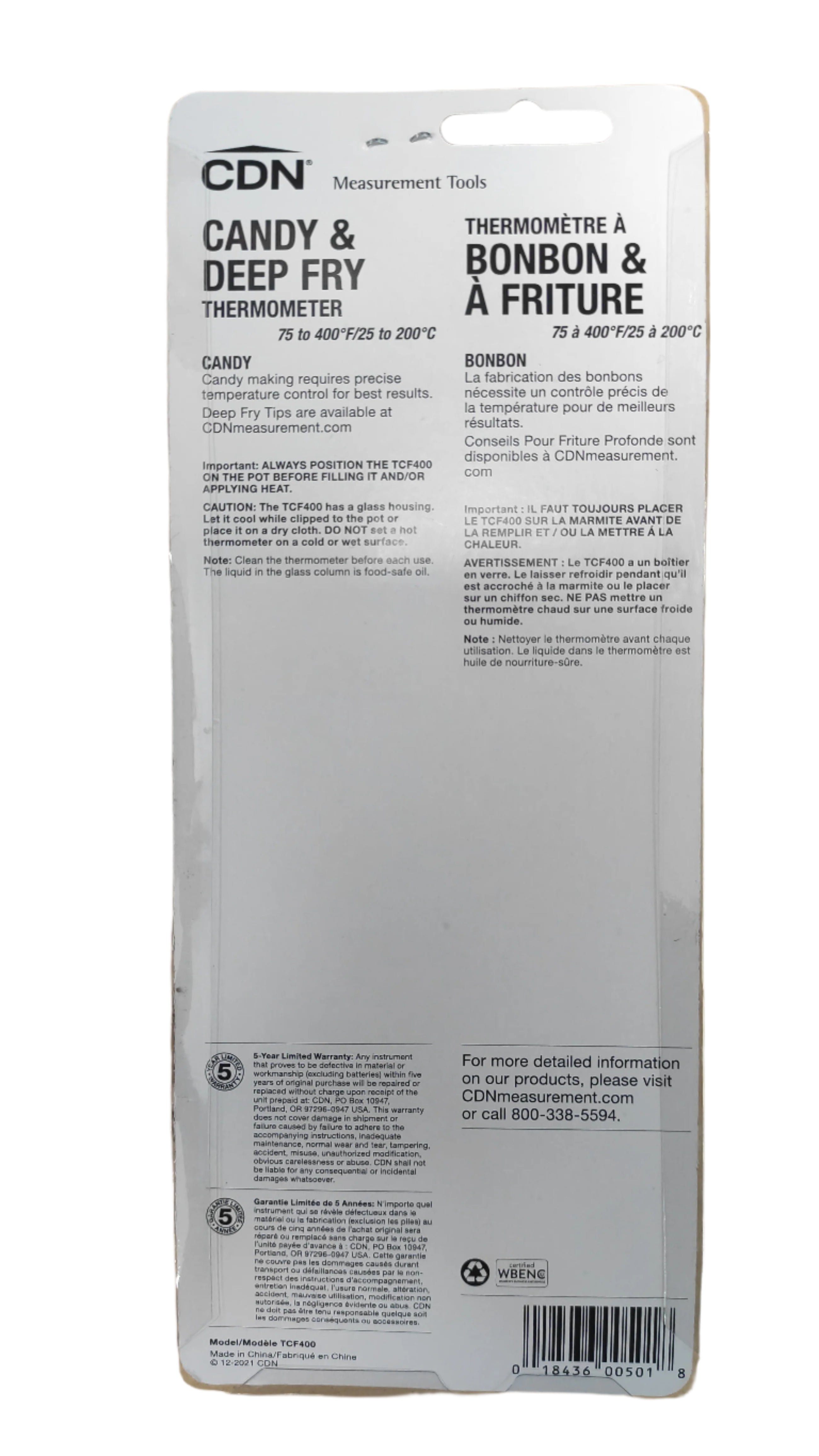 CDN Therm Column Candy & Deep Fry Thermometer TCF400 - Perfect for Candy Making, Deep Frying, and Cooking