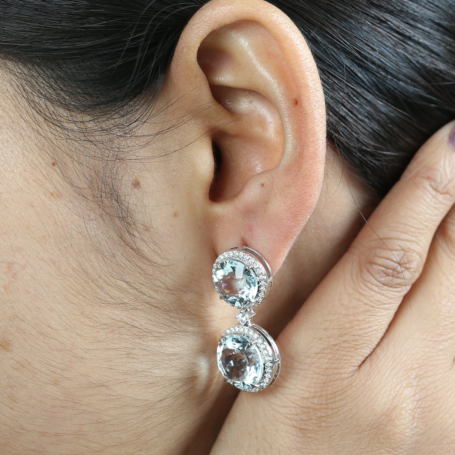 18K White Gold Aquamarine Pave Diamond Dangle Earrings for Women - Elegant Bridal Jewelry & Evening Party Accessories