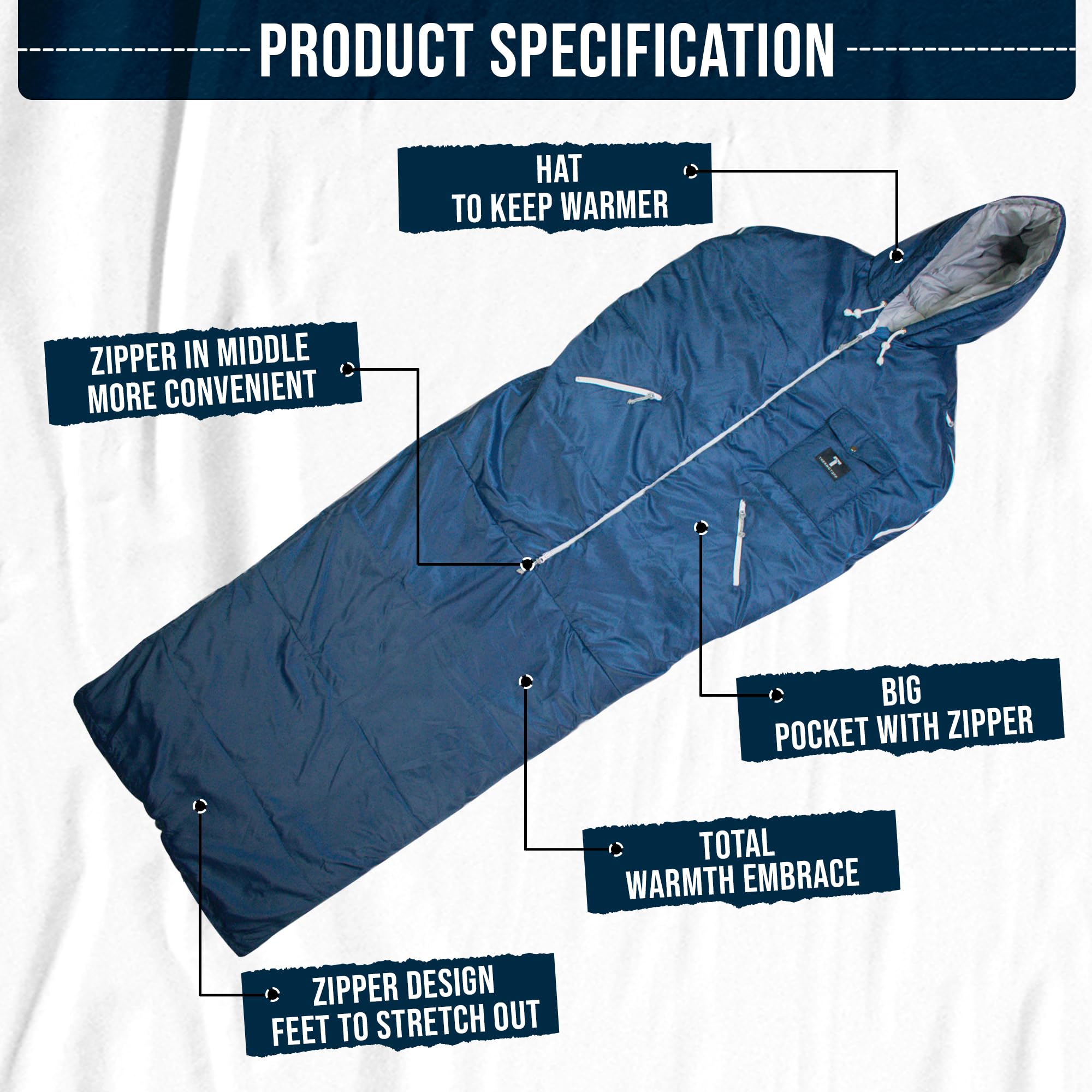 Thermotuff Wearable Sleeping Bag with Dual Hoodie, Zippered Arm Holes & Pockets - Adjustable Drawstring for Camping, Hiking, Stadium Events - Perfect for Outdoor Adventures, Winter Travel and Cozy Home Lounging