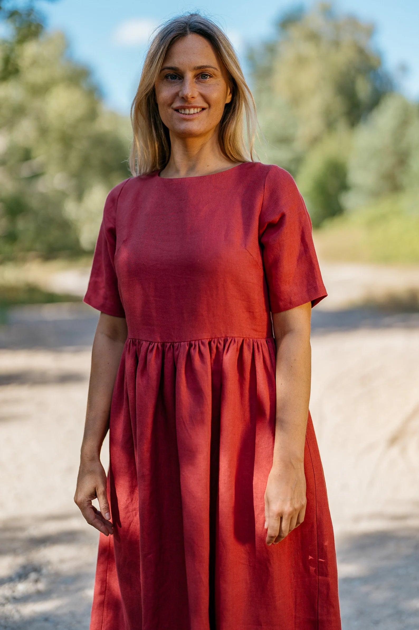 Blue Sky Linen Loose Dress in Raspberry - Comfortable Summer Maxi Dress for Beach, Vacation and Casual Wear