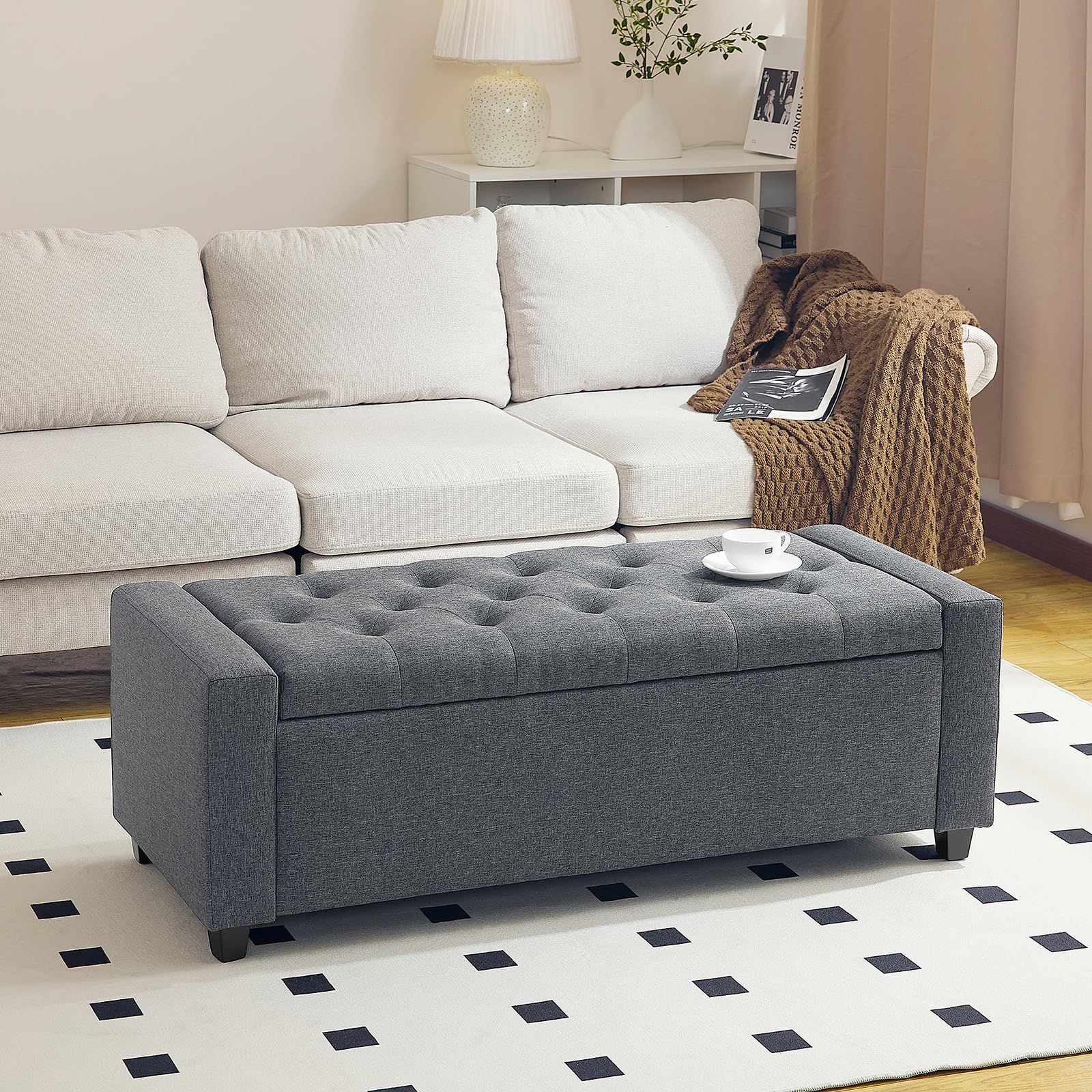 Redlife Storage Ottoman Bench - 19 x 48 x 16.5 Inch Button Tufted Bedroom Bench with 400LBS Capacity, Multi-Functional Storage Ottoman for Bedroom, Living Room & Entryway (Gray) - Perfect for Small Space Organization, Extra Seating & Home Decor