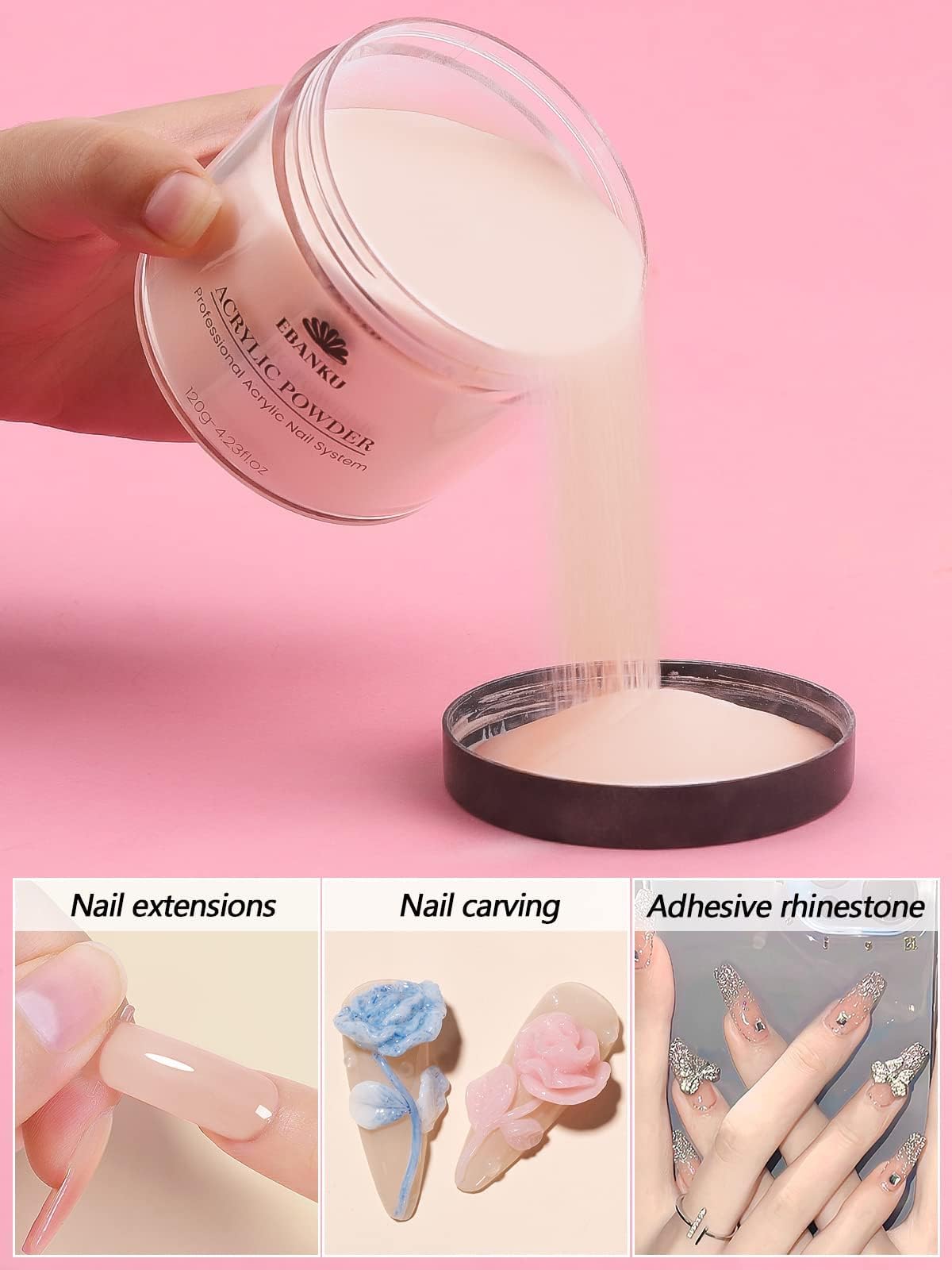 EBANKU Professional Nude Acrylic Nail Powder - 120g/4.23oz Large Capacity for Acrylic Extensions & Nail Art - Long-Lasting, No UV Lamp Needed - Perfect for Salon, Home Manicures & DIY Nail Designs