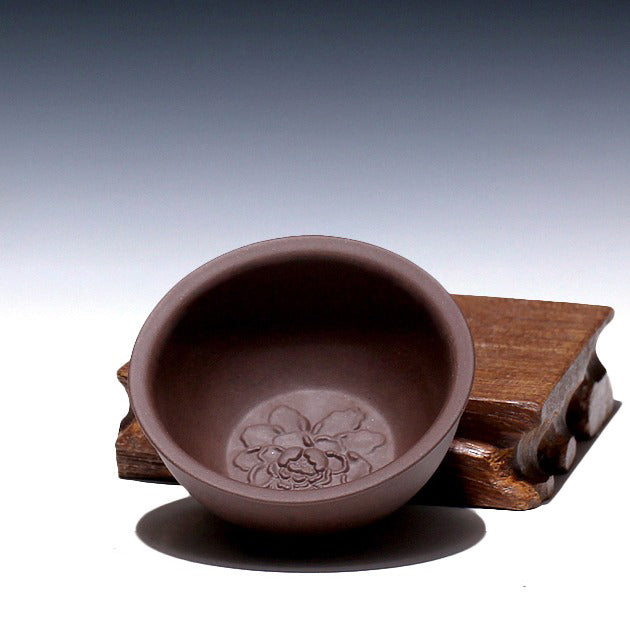 Premium Yixing Clay Gongfu Tea Cup Set of 2 - Handcrafted Purple Clay Peony Design Chinese Tea Ceremony Cups - Perfect for Oolong, Pu-erh & Green Tea Brewing at Home or Office