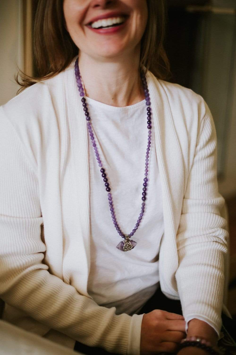 Natural Amethyst Hexagonal Gemstone Mala Beads - 108 Healing Meditation Prayer Necklace for Yoga, Chakra Balancing & Spiritual Protection