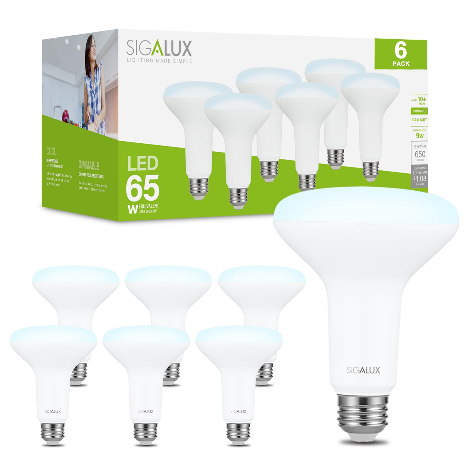 Sigalux BR30 LED Bulb 6 Pack - 65W Equivalent, Dimmable Recessed Light Bulb 650LM 5000K Daylight, E26 Base UL Listed - Perfect for Indoor Lighting, Kitchens, Living Rooms & Commercial Spaces