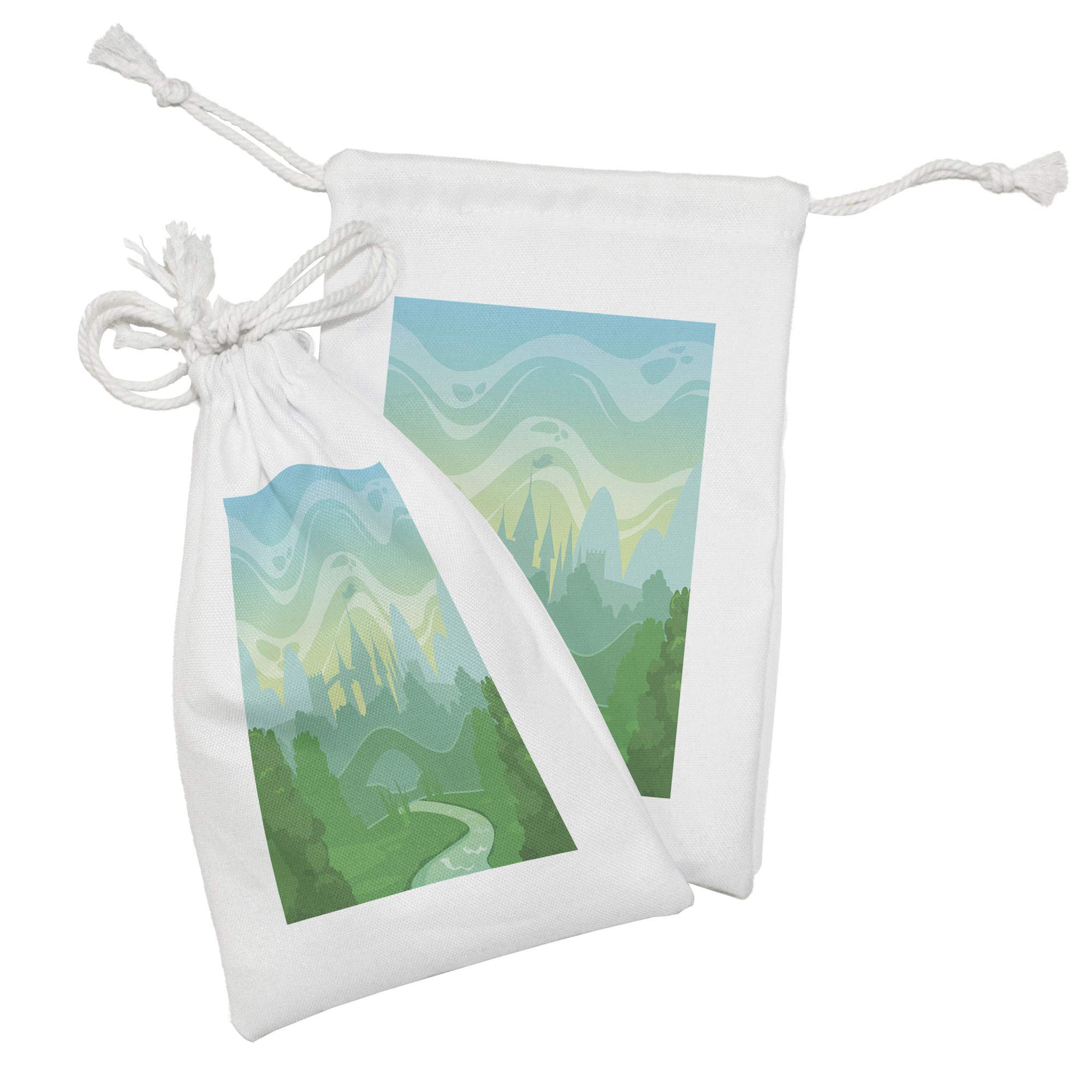 Ambesonne 2-Pack Cartoon Fantasy Fabric Pouches - Morning Landscape & Castle Silhouette Drawstring Bags (9