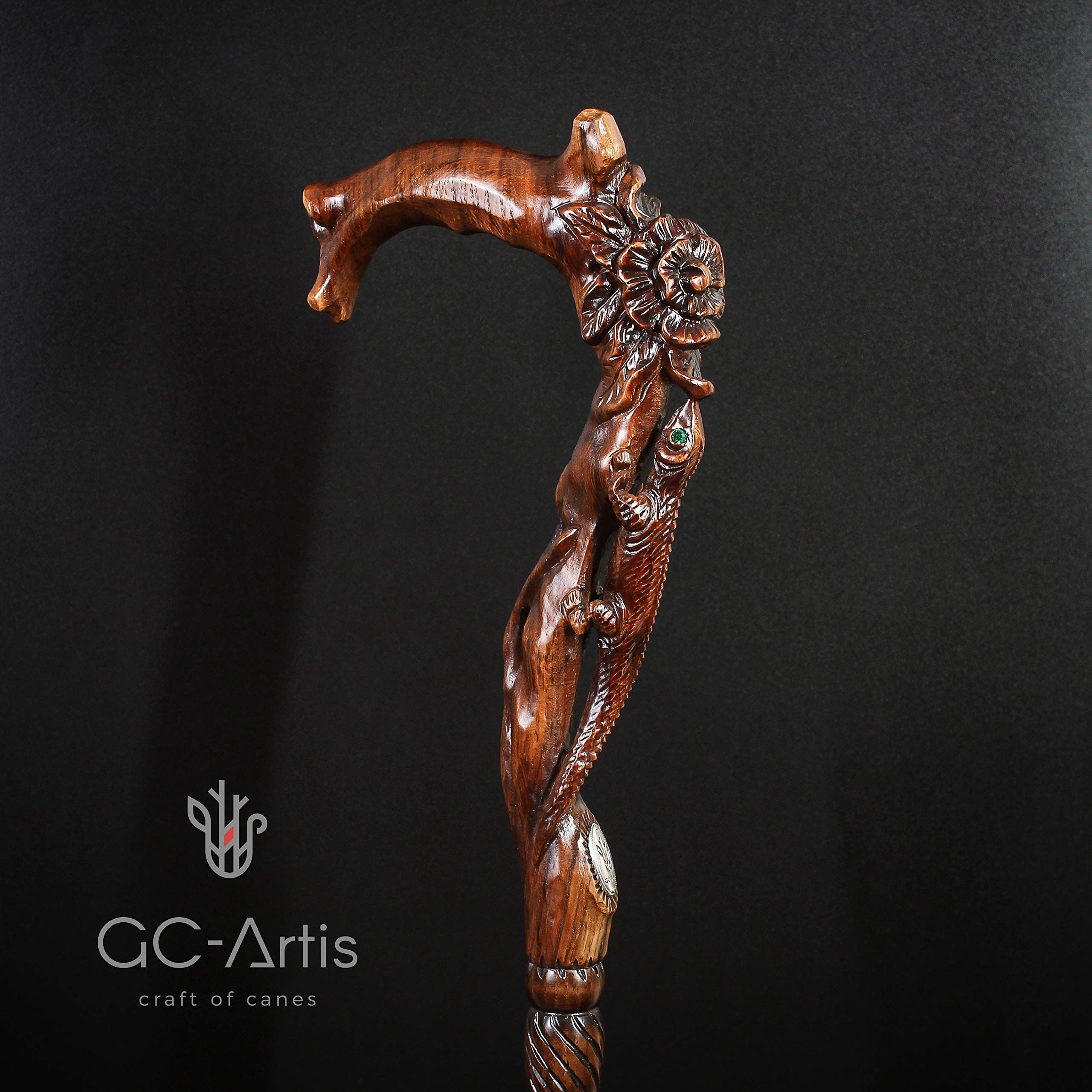 Hand Carved Wooden Walking Cane for Women - Elegant Floral & Lizard Design - Perfect for Hiking, Fashion Accessory, and Elderly Support
