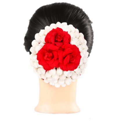 NAVMAV Fashion Artificial Rose Flower Juda for Bridal Hair - Wedding Bun Juda Maker Fabric Flower Gajra Hair Accessories for Women & Girls (White & Red 03) - Perfect for Weddings, Parties & Special Occasions