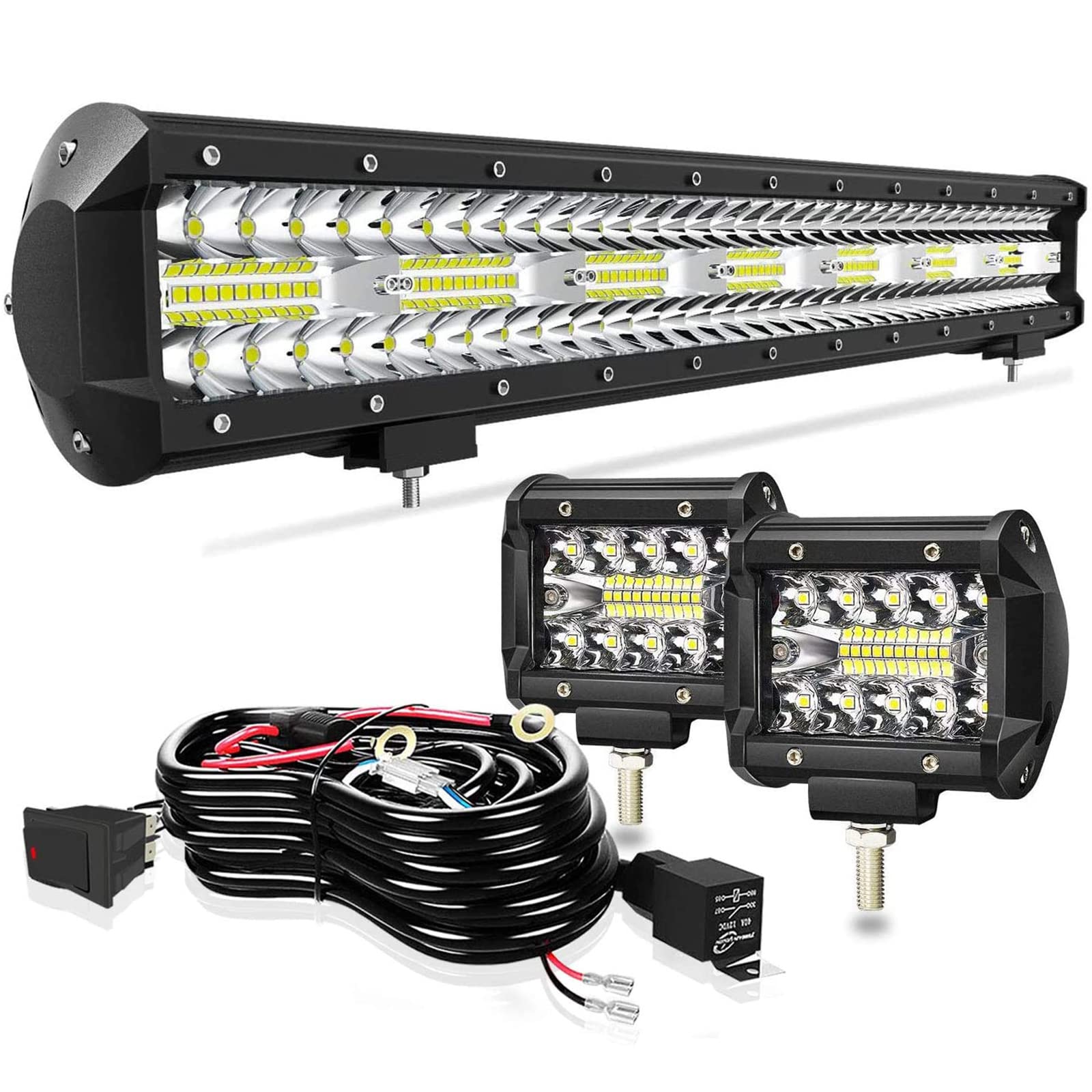 TILTOP 20 Inch 420W Triple Row LED Light Bar - Spot Flood Combo Off-Road Lighting with 2PCS 60W 4Inch LED Pods & Wiring Harness Kit - Perfect for Jeep, ATV, UTV, Polaris, Trucks & Boats - Ideal for Off-Roading, Camping & Nighttime Adventures