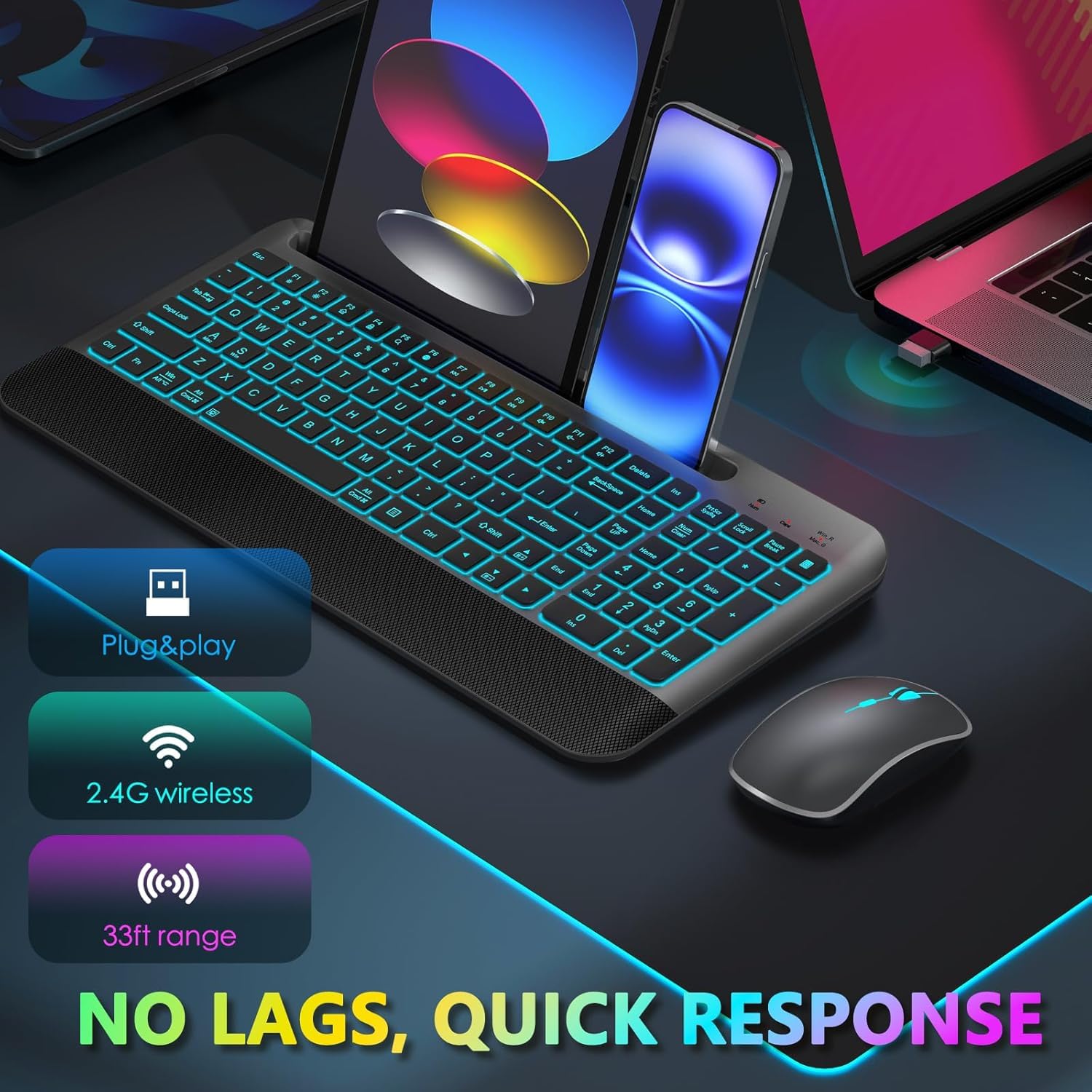 JOYACCESS Wireless Keyboard and Mouse Combo - Rechargeable Backlit Keyboard with RGB Mouse, Compact Quiet Cordless Set for Mac Windows PC Laptop (Space Gray) | Perfect for Office Work, Gaming & Home Use