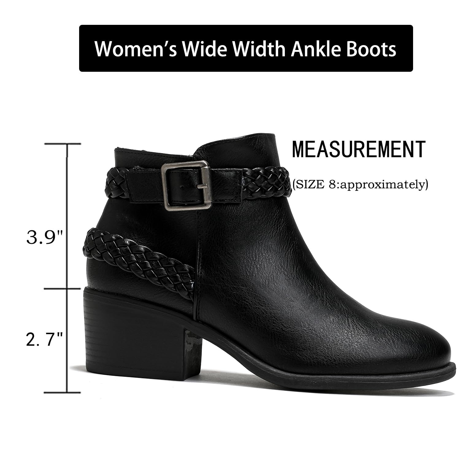 Luoika Women's Wide Width Ankle Boots - Black & Brown Low Heel Side Zipper Booties for Comfortable Everyday Wear | Casual Outfits & Office Style