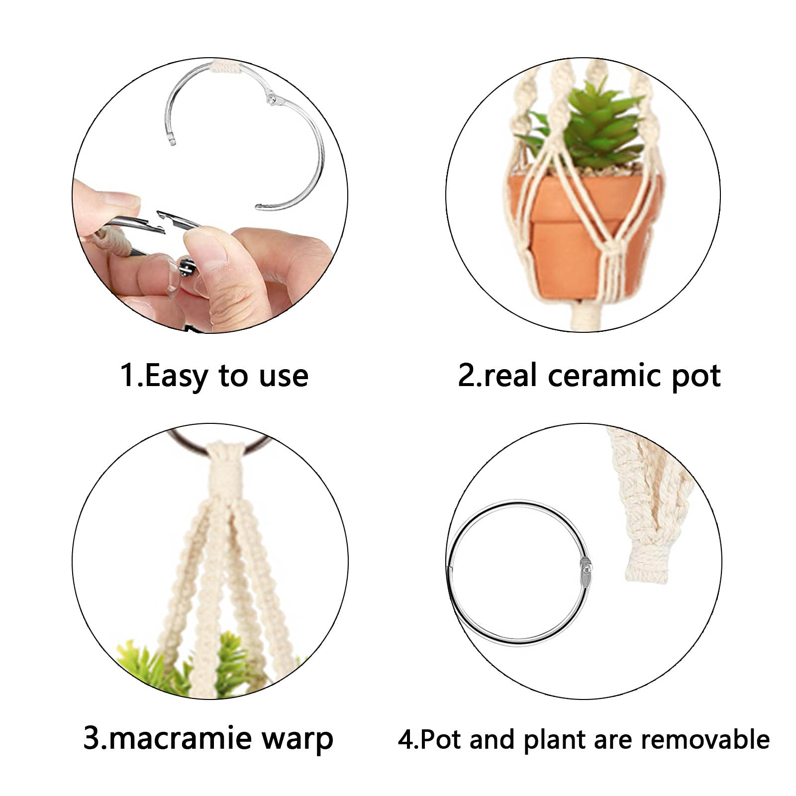 CDIYTOOL 6 Pack 13.8 Inch Ivory Macrame Hanging Planters - Handmade Cotton Rope Flower Pots with Beaded Tassels, 3 Stylish Boho Plant Hangers for Indoor Plants, Succulents & Home Decor | Perfect for Living Room, Bedroom, Balcony & Office Decor