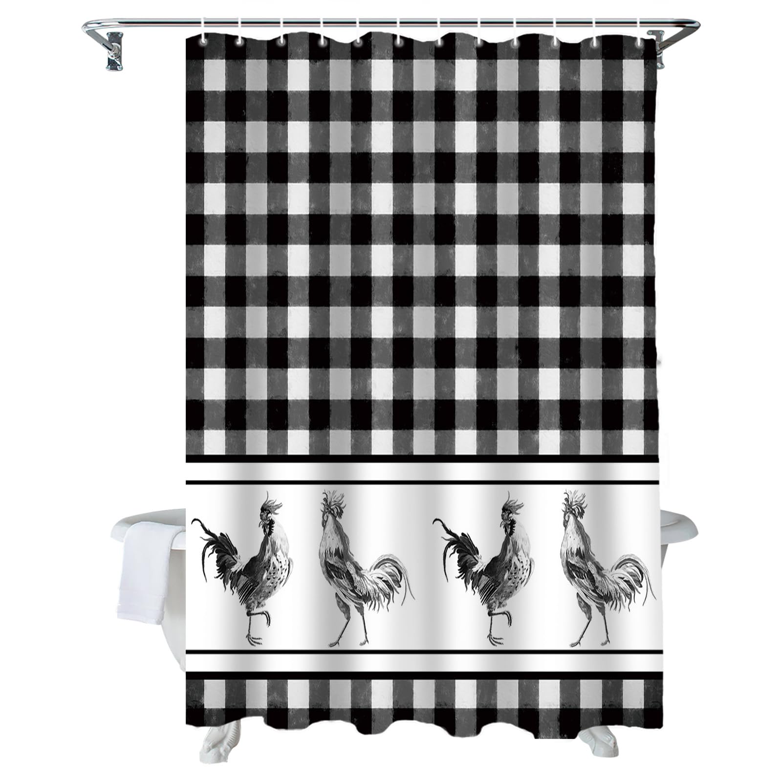 Waterproof Farmhouse Rooster Black & White Buffalo Plaid Shower Curtain Set with Hooks - 72x72 Inch for Bathroom, Bathtub & Shower - Perfect for Rustic Home Decor & Country Style Bathroom Design