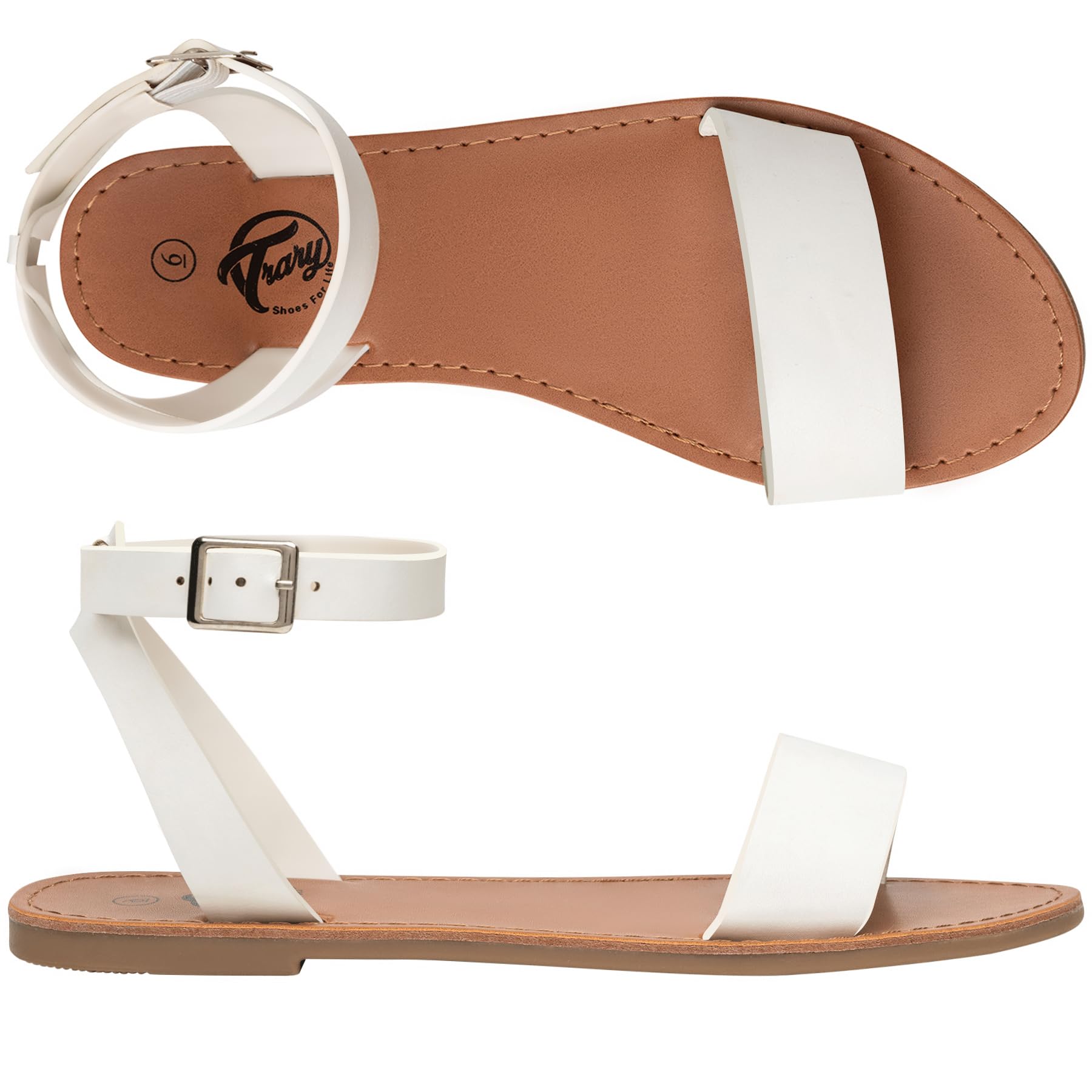 Stylish Women's Leather Gladiator Sandals with Adjustable Metal Buckle - Comfortable Dressy Summer Flat Sandals for Weddings & Outdoor Events | Open Toe Ankle Strap Two-Tone Sandals for Casual Wear & Beach Vacations