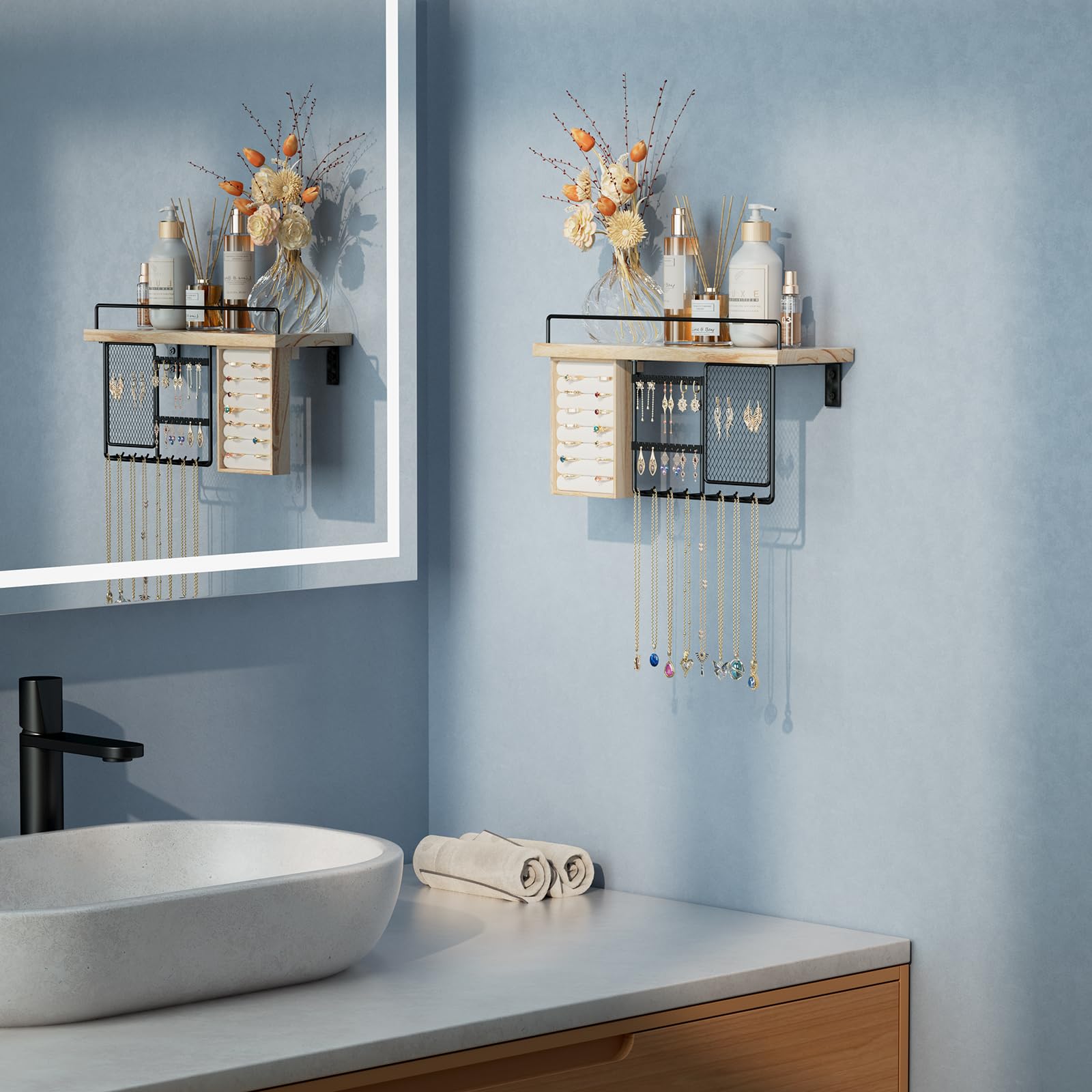 Lolalet Wall Mounted Jewelry Organizer with Wood Shelf & Hooks - Display Rings, Earrings, Bracelets & Necklaces - Space Saving Bedroom & Bathroom Storage Solution