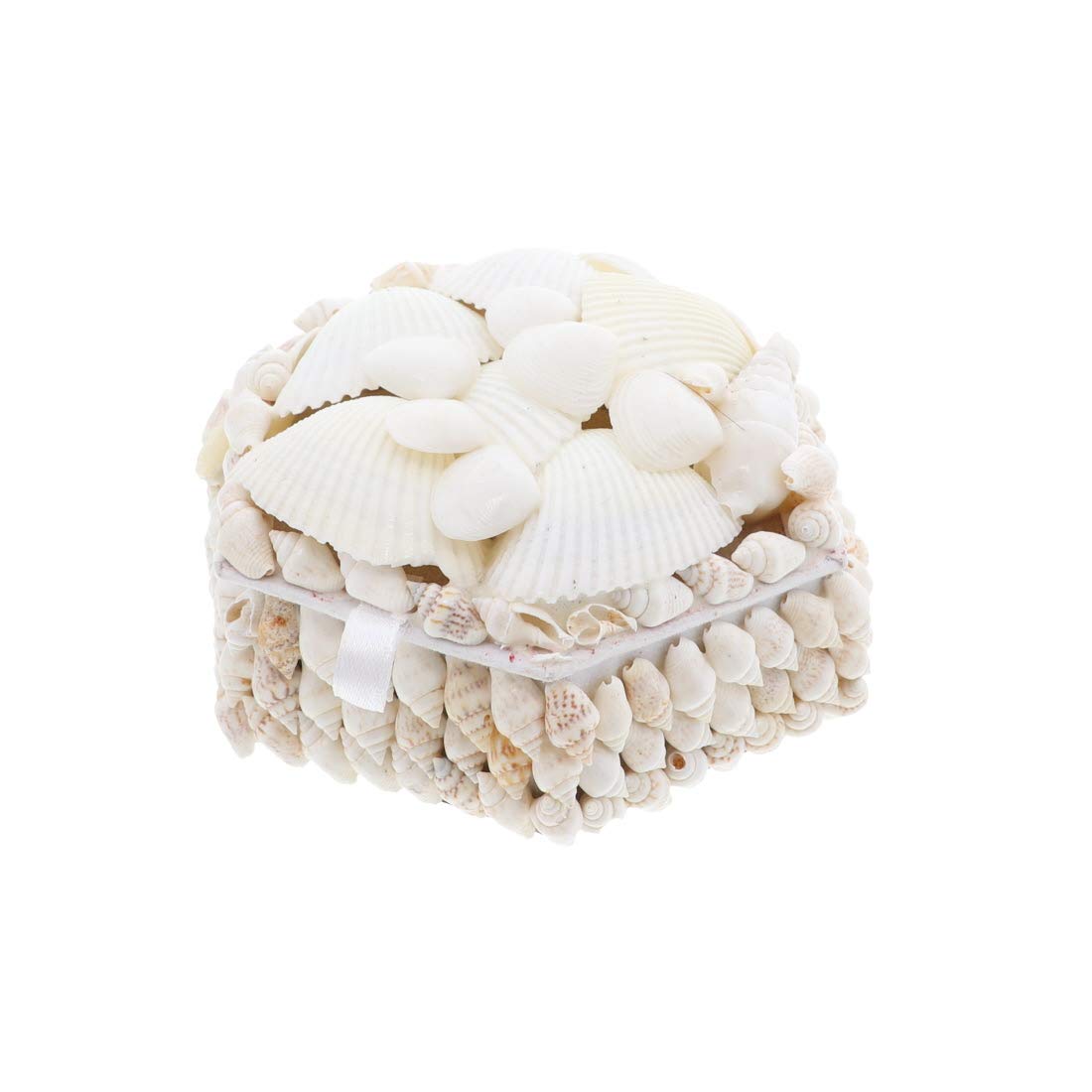 Li'Shay White Seashell Covered Hexagon Jewelry Box - 4 Inch Trinket Storage for Beach Themed Decor, Wedding Favors & Gift Giving
